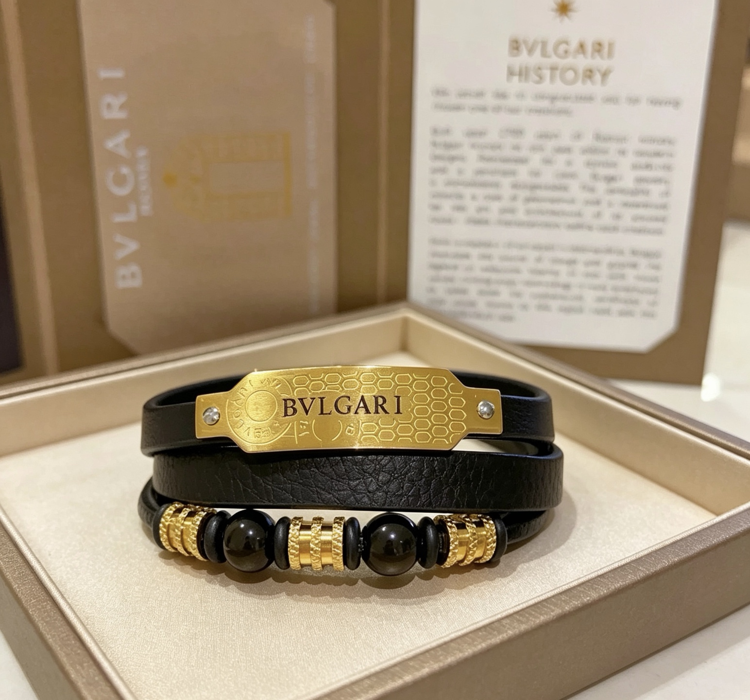 Bvlgari B zero1 Coiled Leather Bracelet bracelet Black leather yellow gold-tone metal black onyx beads 19cm