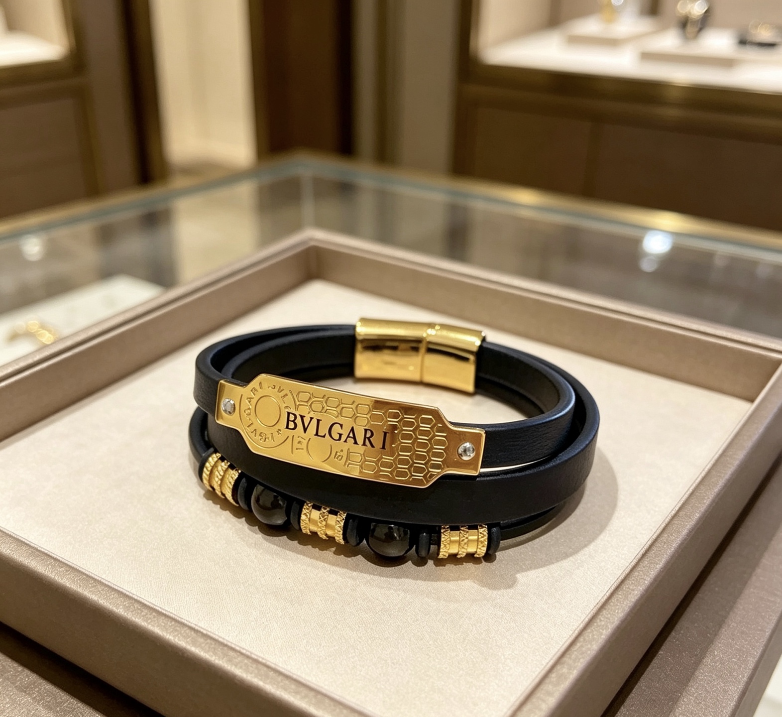 Bvlgari B zero1 Coiled Leather Bracelet bracelet Black leather yellow gold-tone metal black onyx beads 19cm
