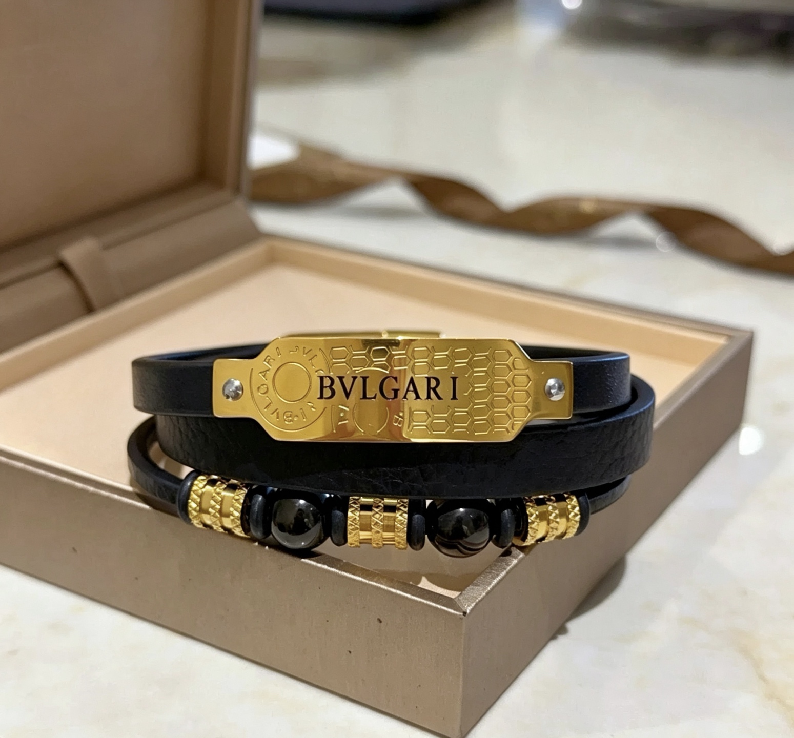 Bvlgari B zero1 Coiled Leather Bracelet bracelet Black leather yellow gold-tone metal black onyx beads 19cm