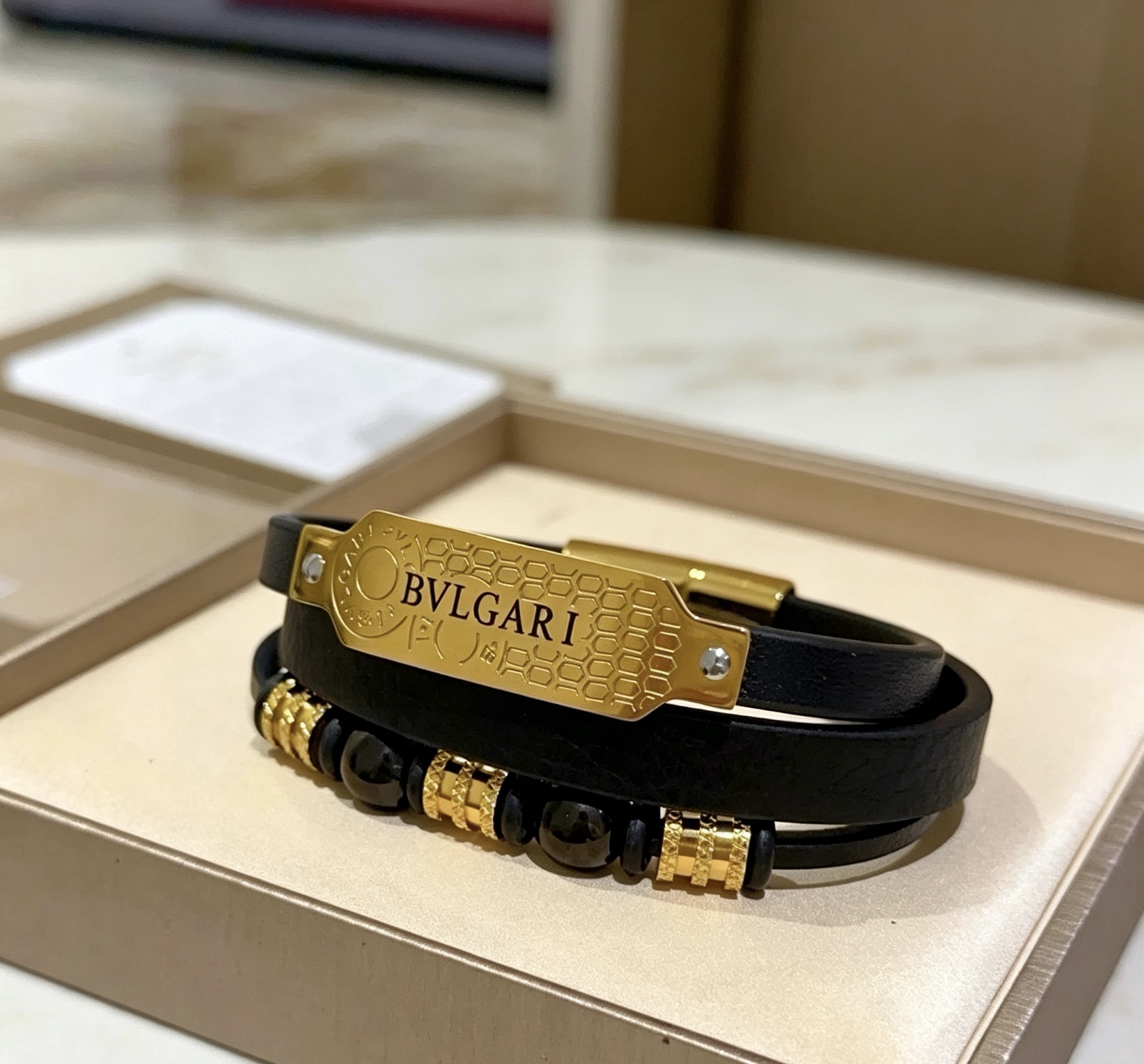 Bvlgari B zero1 Coiled Leather Bracelet bracelet Black leather yellow gold-tone metal black onyx beads 19cm