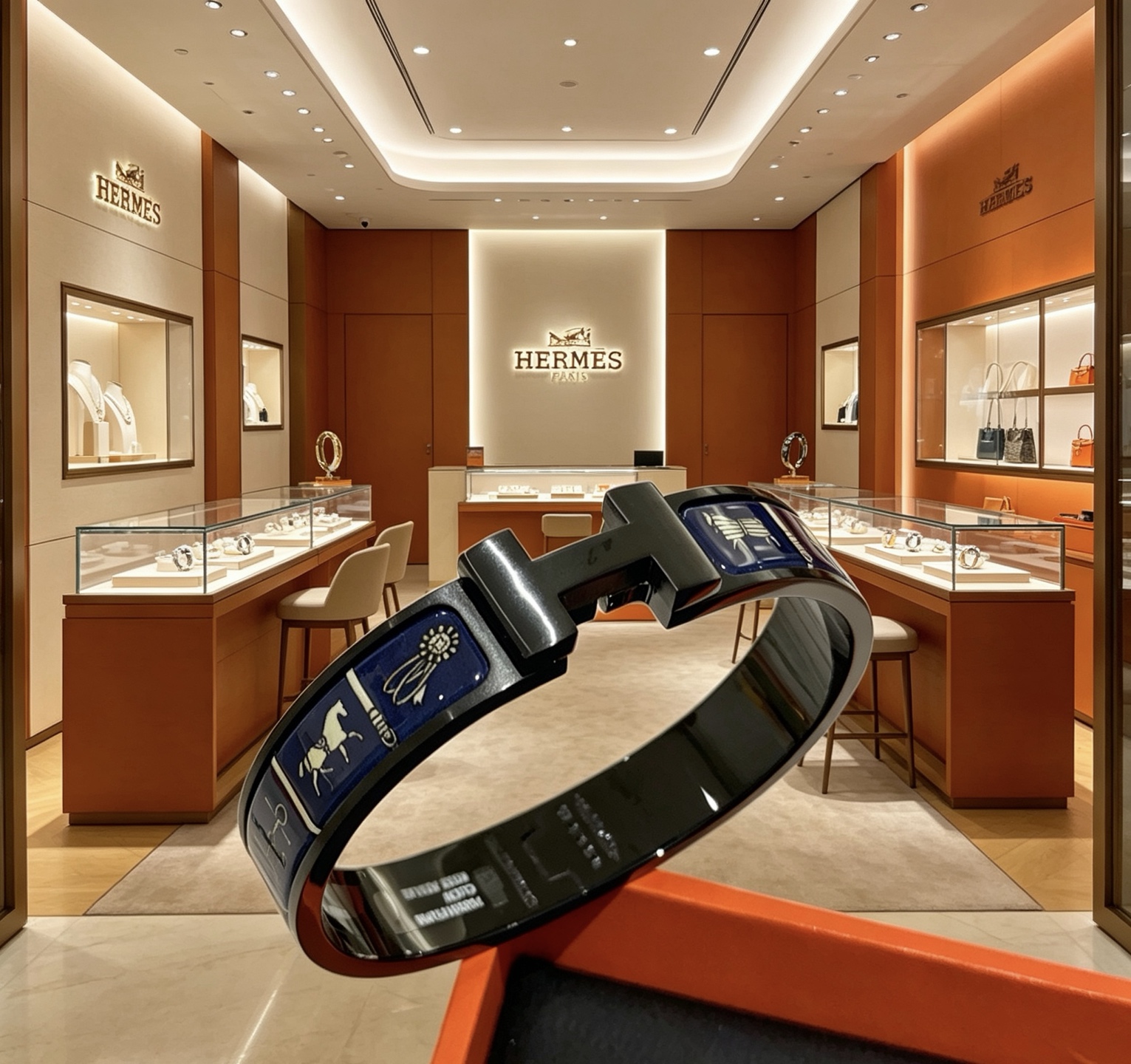 Hermes Clic Clac H Pulsera de esmalte con estampado ecuestre pulsera de metal chapado en negro con esmalte azul marino y estampado ecuestre en oro claro 19