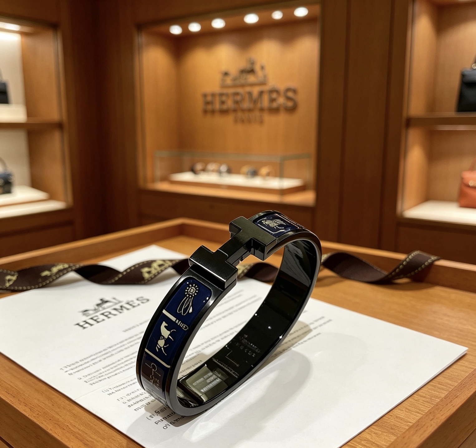 Hermes Clic Clac H Pulsera de esmalte con estampado ecuestre pulsera de metal chapado en negro con esmalte azul marino y estampado ecuestre en oro claro 19