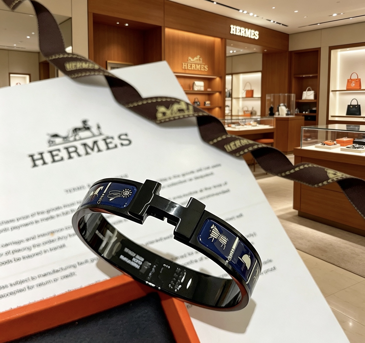 Hermes Clic Clac H Pulsera de esmalte con estampado ecuestre pulsera de metal chapado en negro con esmalte azul marino y estampado ecuestre en oro claro 19