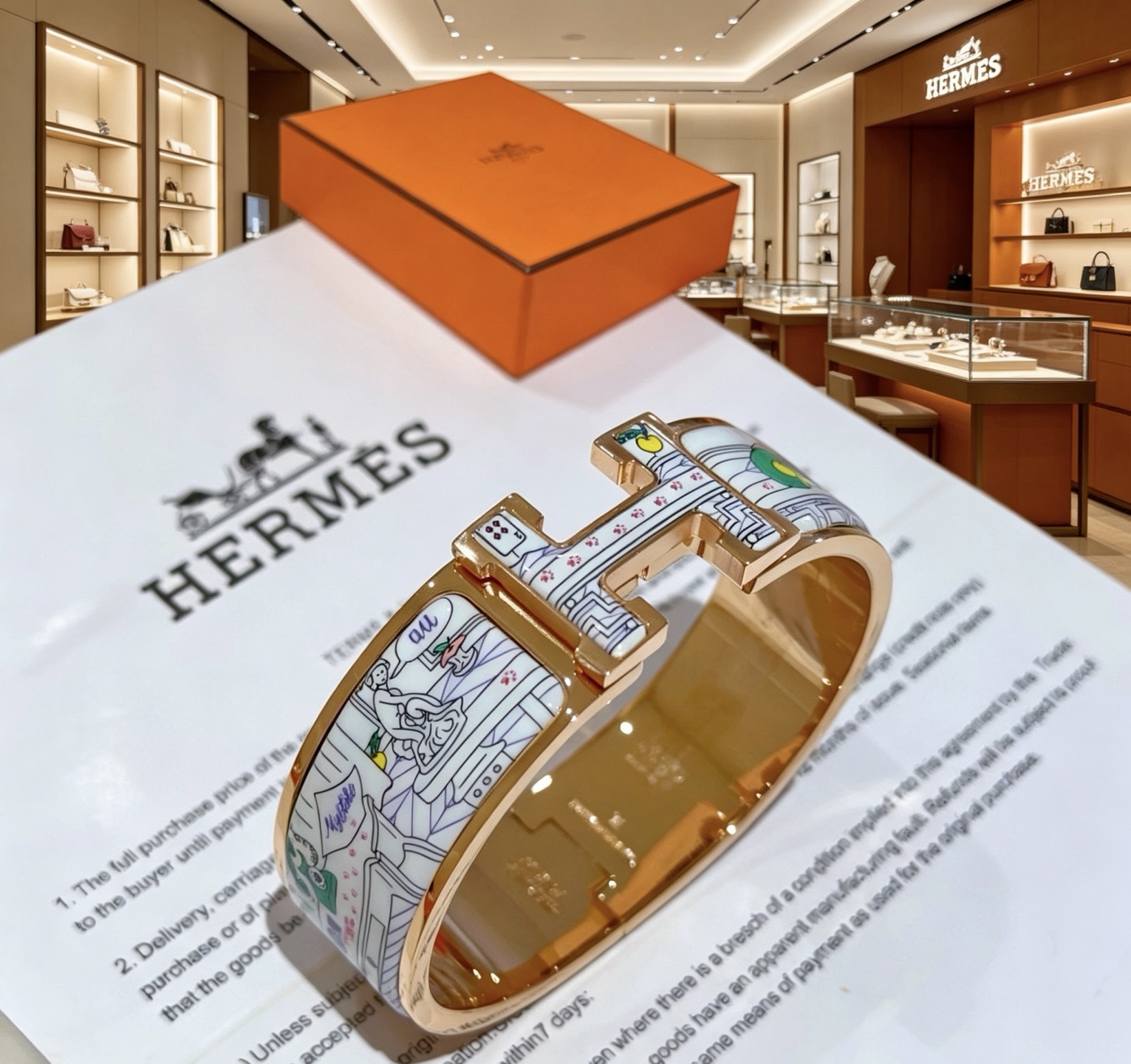 Hermes Clic Clac H Bracciale largo smaltato con stampa New York City Bracciale Metallo placcato oro rosa con smalto bianco stampato multicolore 20 mm