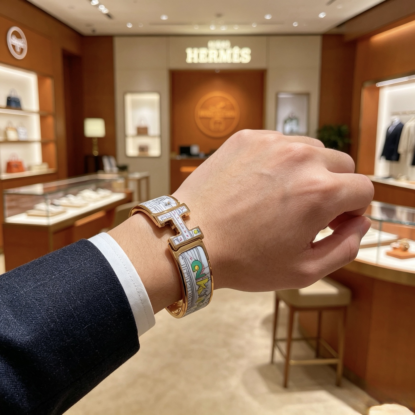 Hermes Clic Clac H Bracciale largo smaltato con stampa New York City Bracciale Metallo placcato oro rosa con smalto bianco stampato multicolore 20 mm