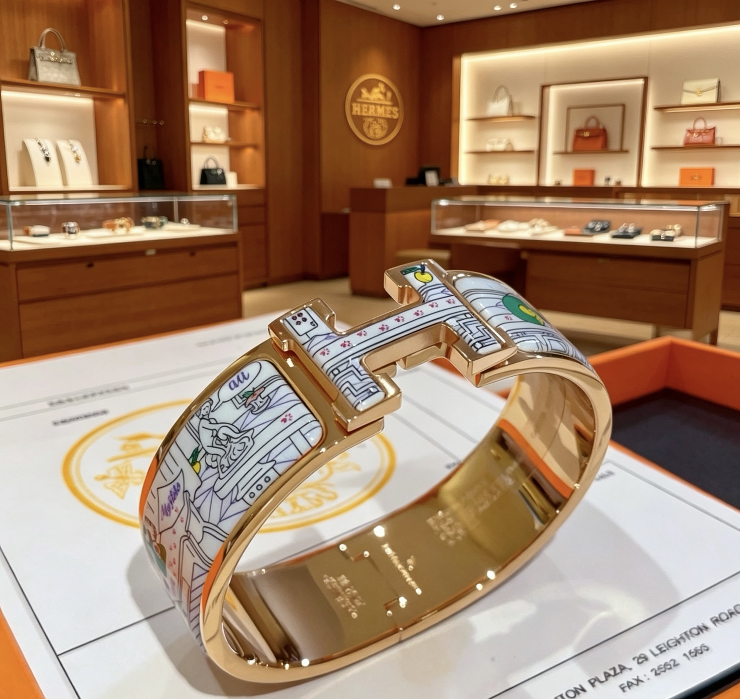 Hermes Clic Clac H Bracciale largo smaltato con stampa New York City Bracciale Metallo placcato oro rosa con smalto bianco stampato multicolore 20 mm
