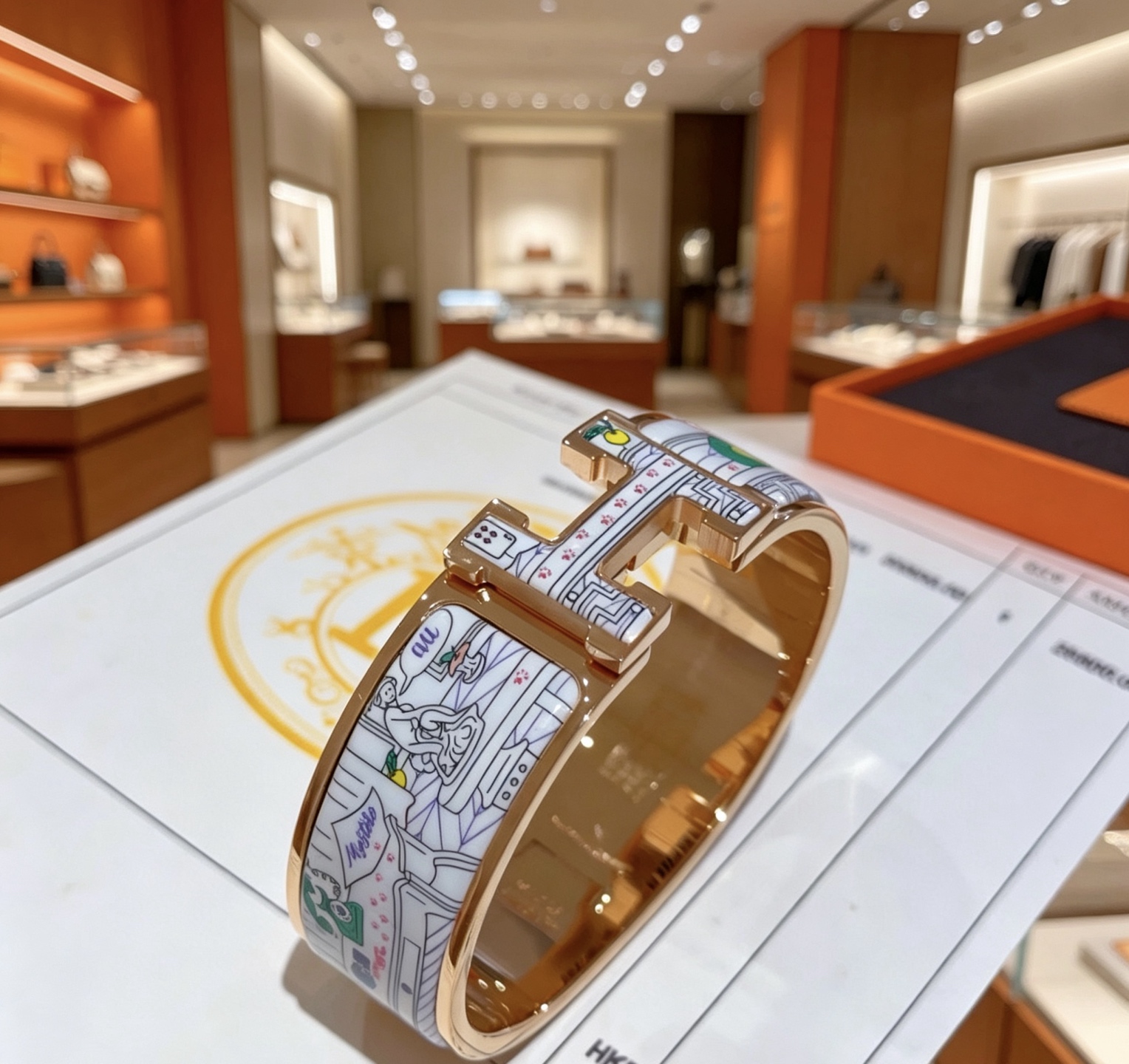 Hermes Clic Clac H Bracciale largo smaltato con stampa New York City Bracciale Metallo placcato oro rosa con smalto bianco stampato multicolore 20 mm