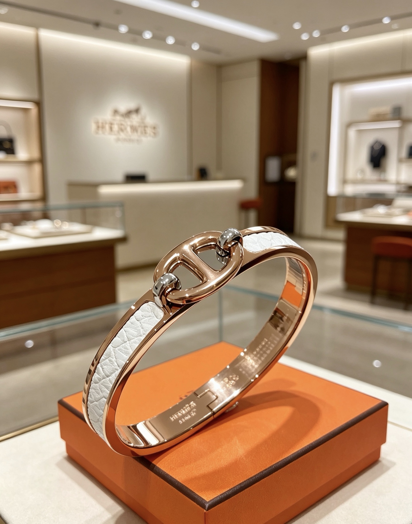 Bracciale Hermes Mini Clic Chaine d'Ancre Metallo placcato oro rosa con inserto in pelle goffrata bianca accenti hardware color argento 17 cm