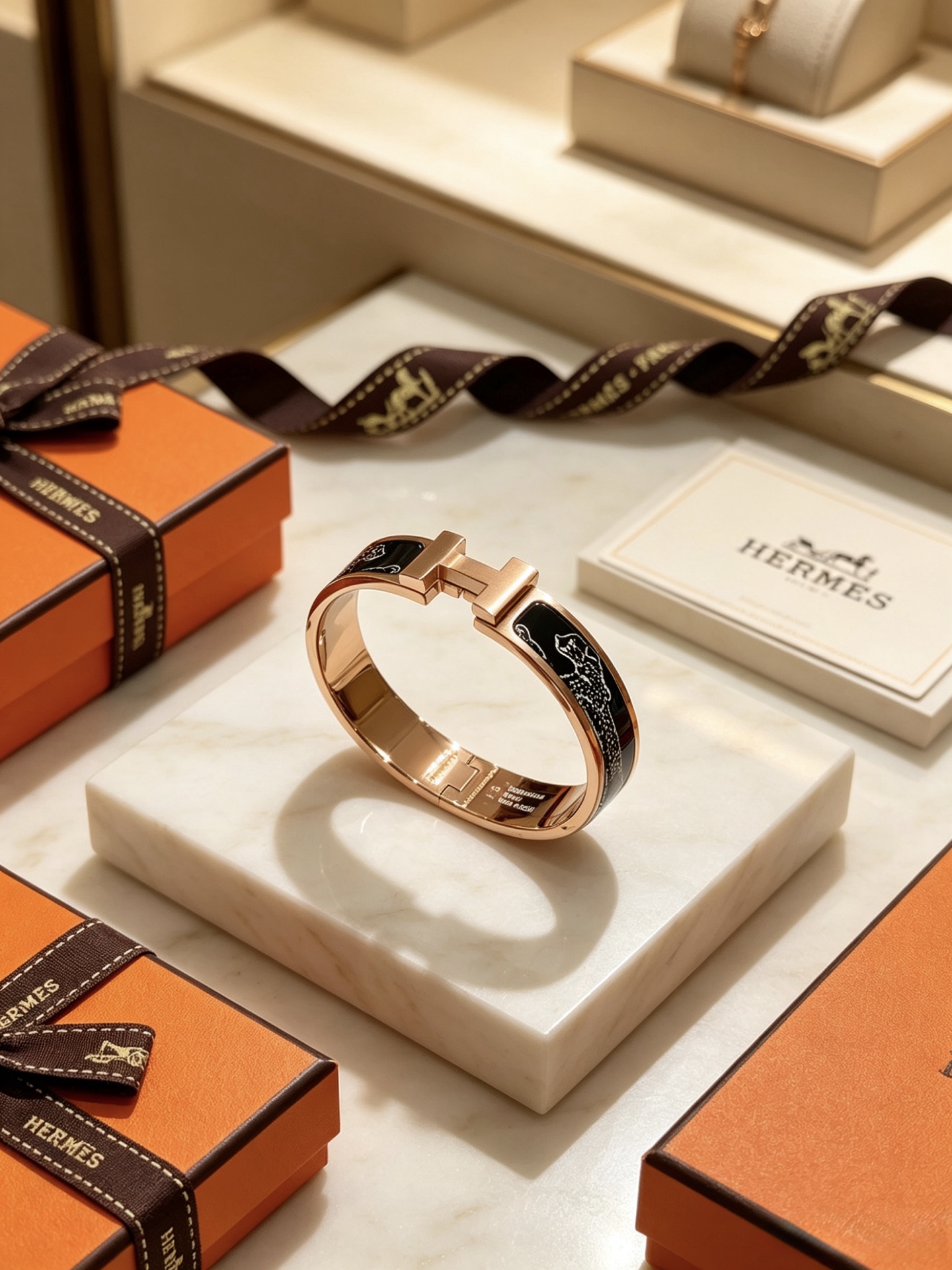 Bracciale Hermes Clic H Panthere in metallo oro rosa con smalto nero e dettaglio pantera bianca 17