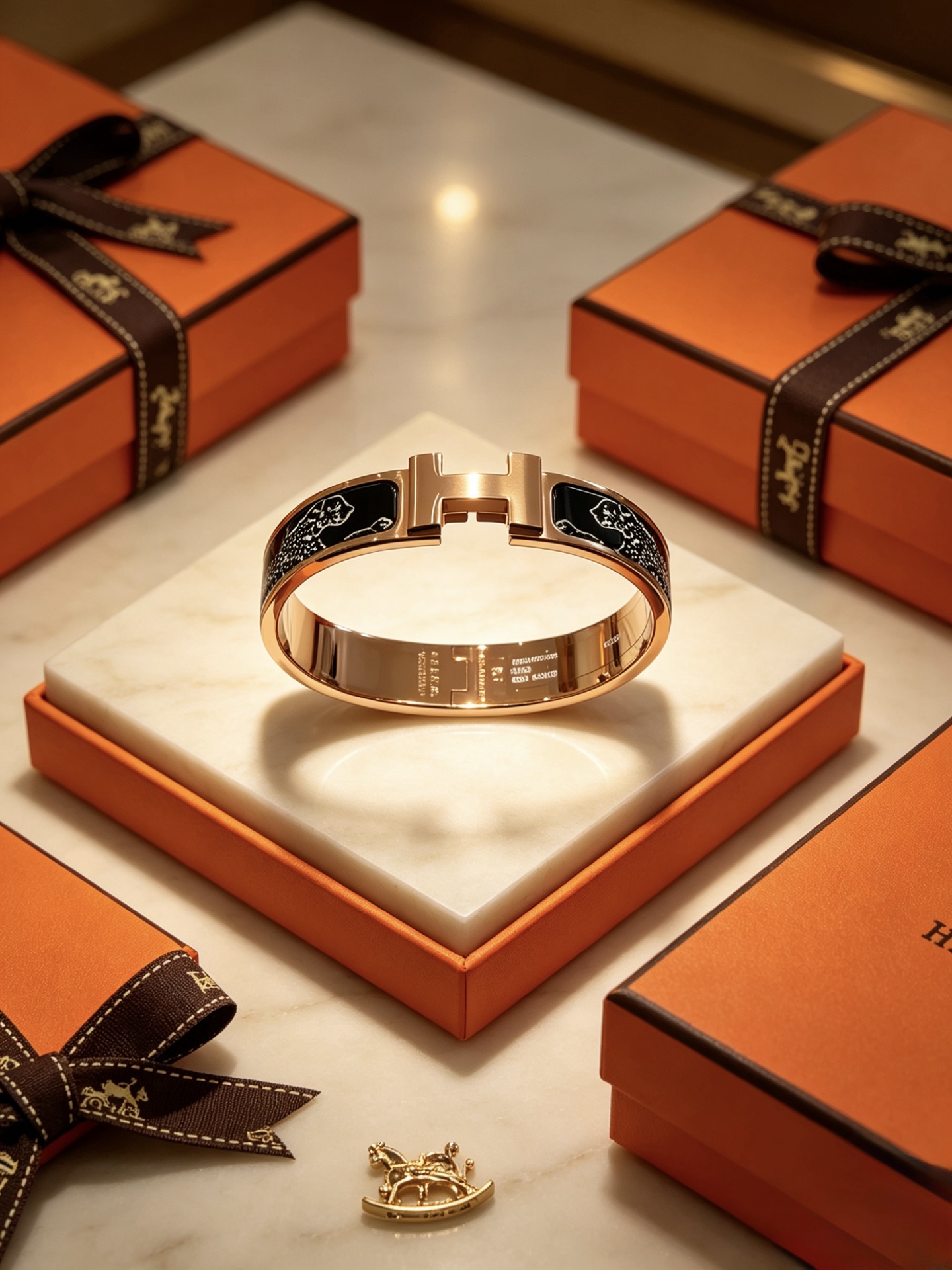 Bracciale Hermes Clic H Panthere in metallo oro rosa con smalto nero e dettaglio pantera bianca 17