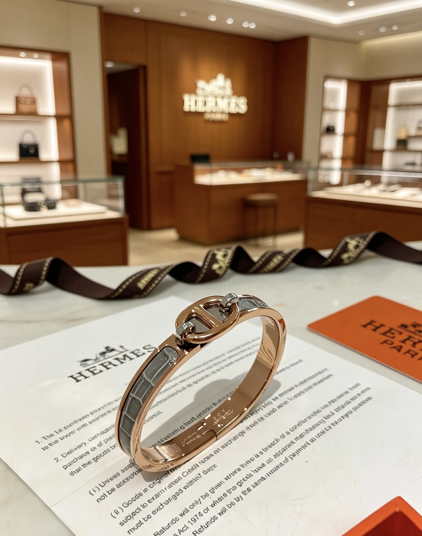 Bracciale Hermes Mini Clic Chaine d Ancre Metallo oro rosa con inserto in pelle di coccodrillo bianca 17 cm