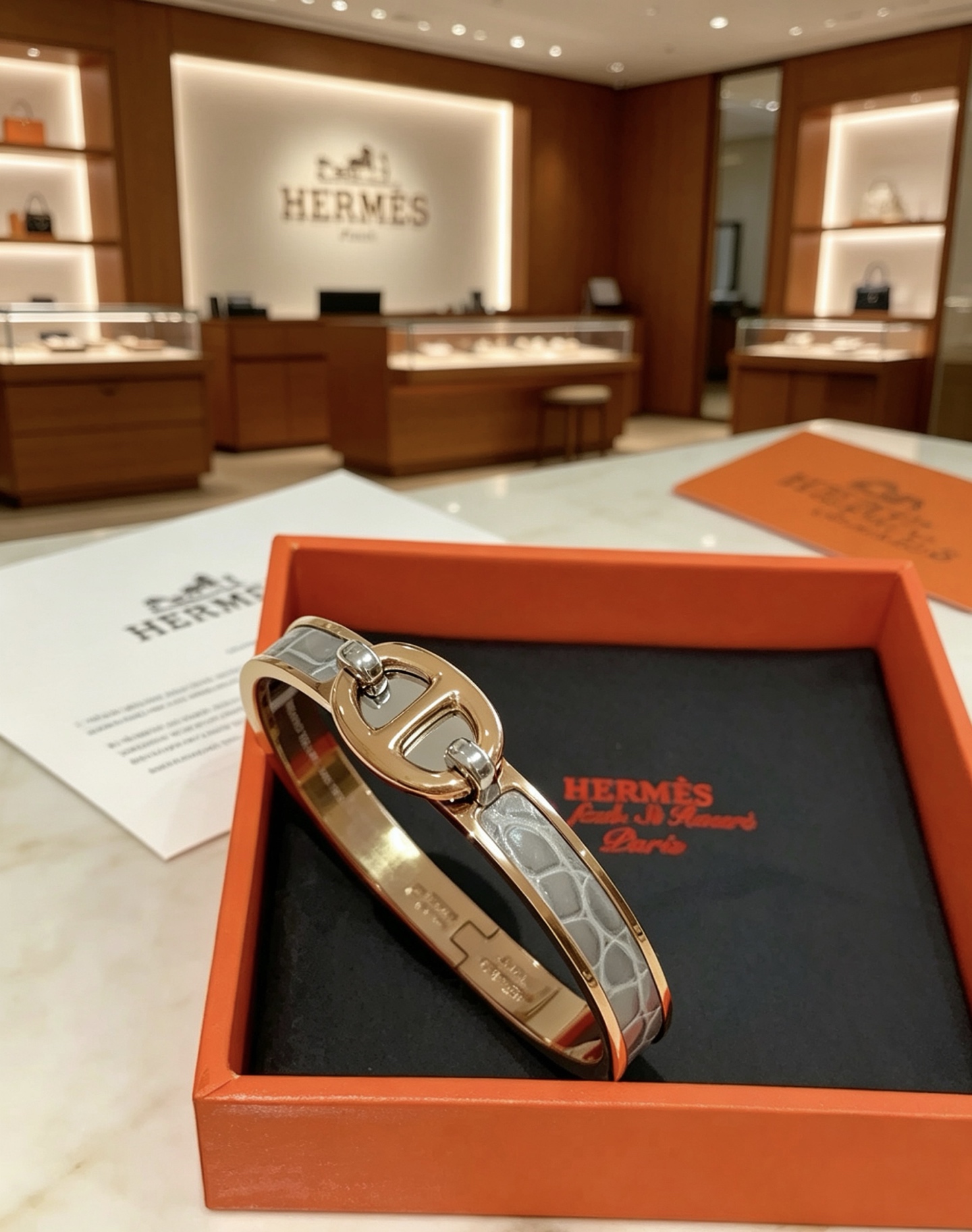 Bracciale Hermes Mini Clic Chaine d Ancre Metallo oro rosa con inserto in pelle di coccodrillo bianca 17 cm