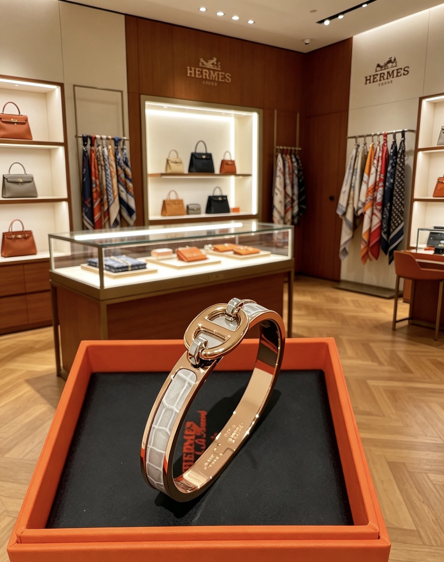 Bracciale Hermes Mini Clic Chaine d Ancre Metallo oro rosa con inserto in pelle di coccodrillo bianca 17 cm