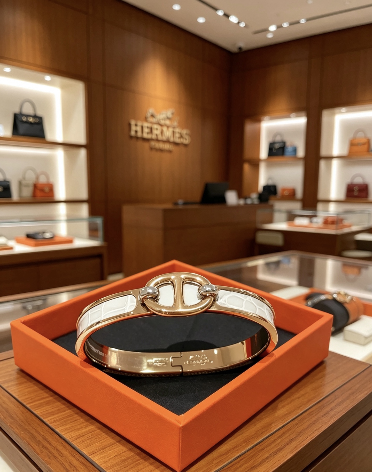 Bracciale Hermes Mini Clic Chaine d Ancre Metallo oro rosa con inserto in pelle di coccodrillo bianca 17 cm