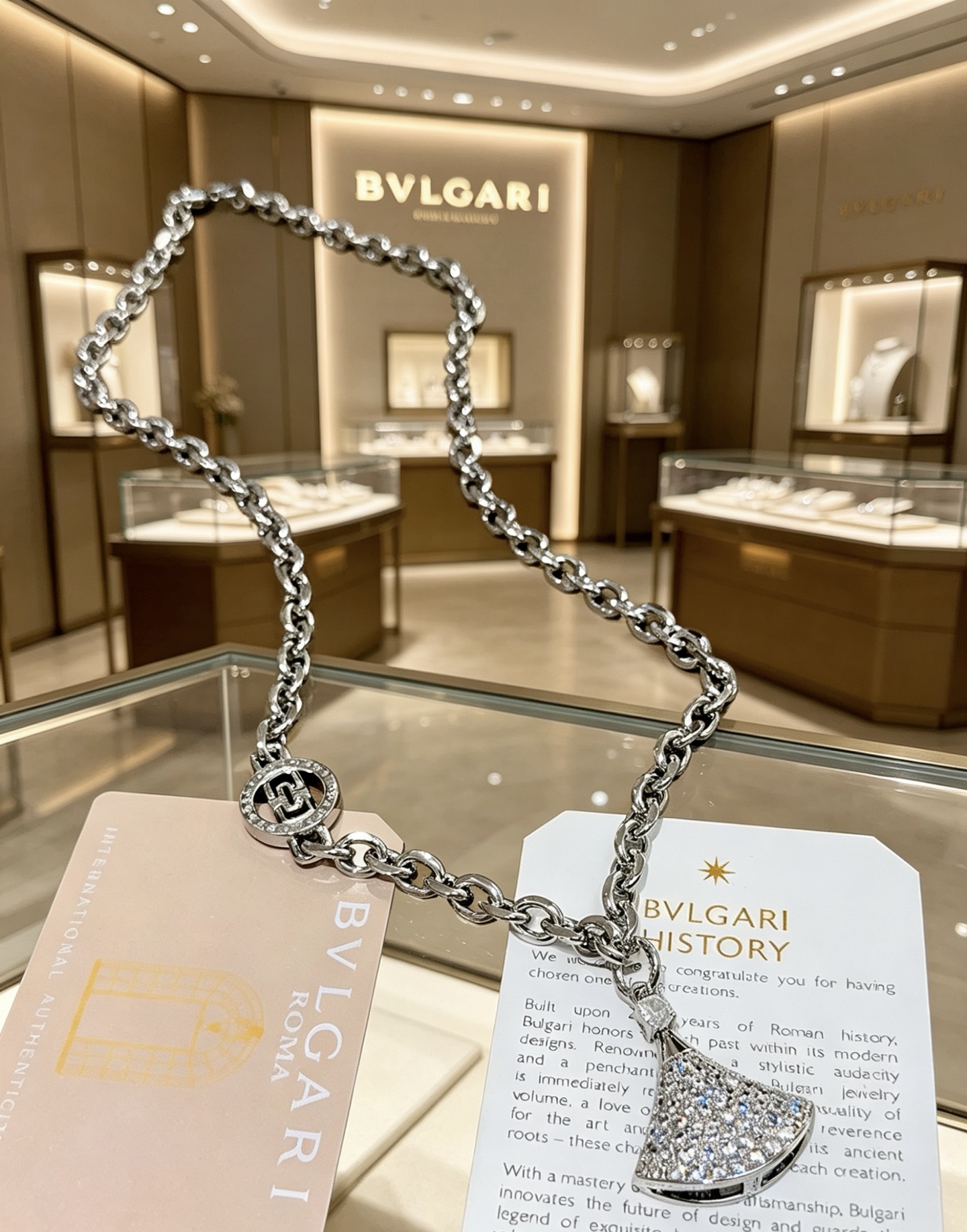 Bvlgari Divas Dream necklace silver-toned white gold with full pave clear diamonds 45cm