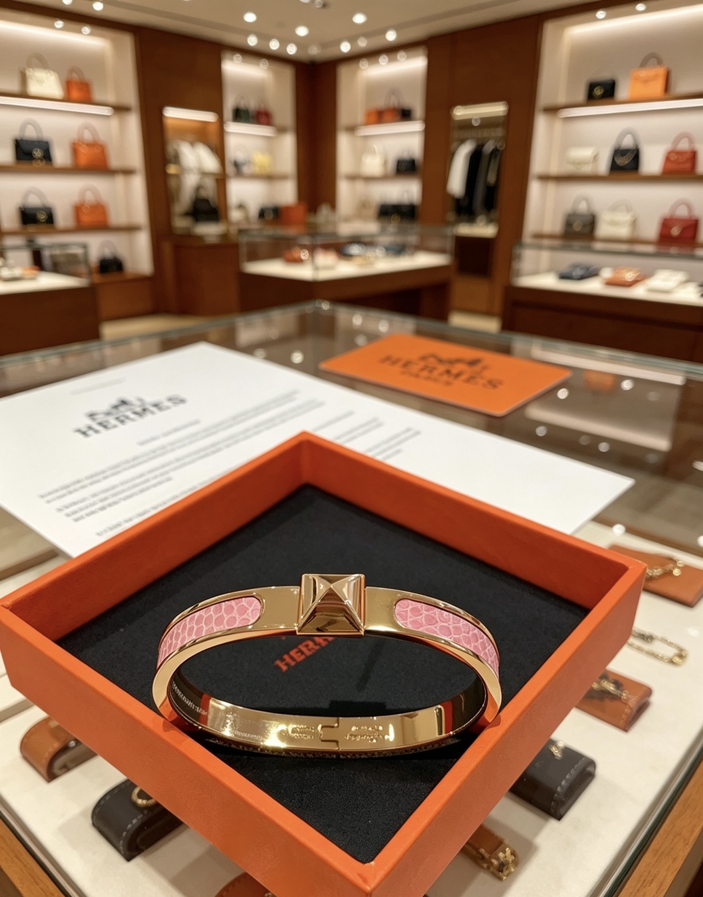 Bracelet Hermes Medor Métal doré rose avec incrustation de cuir de crocodile rose PM