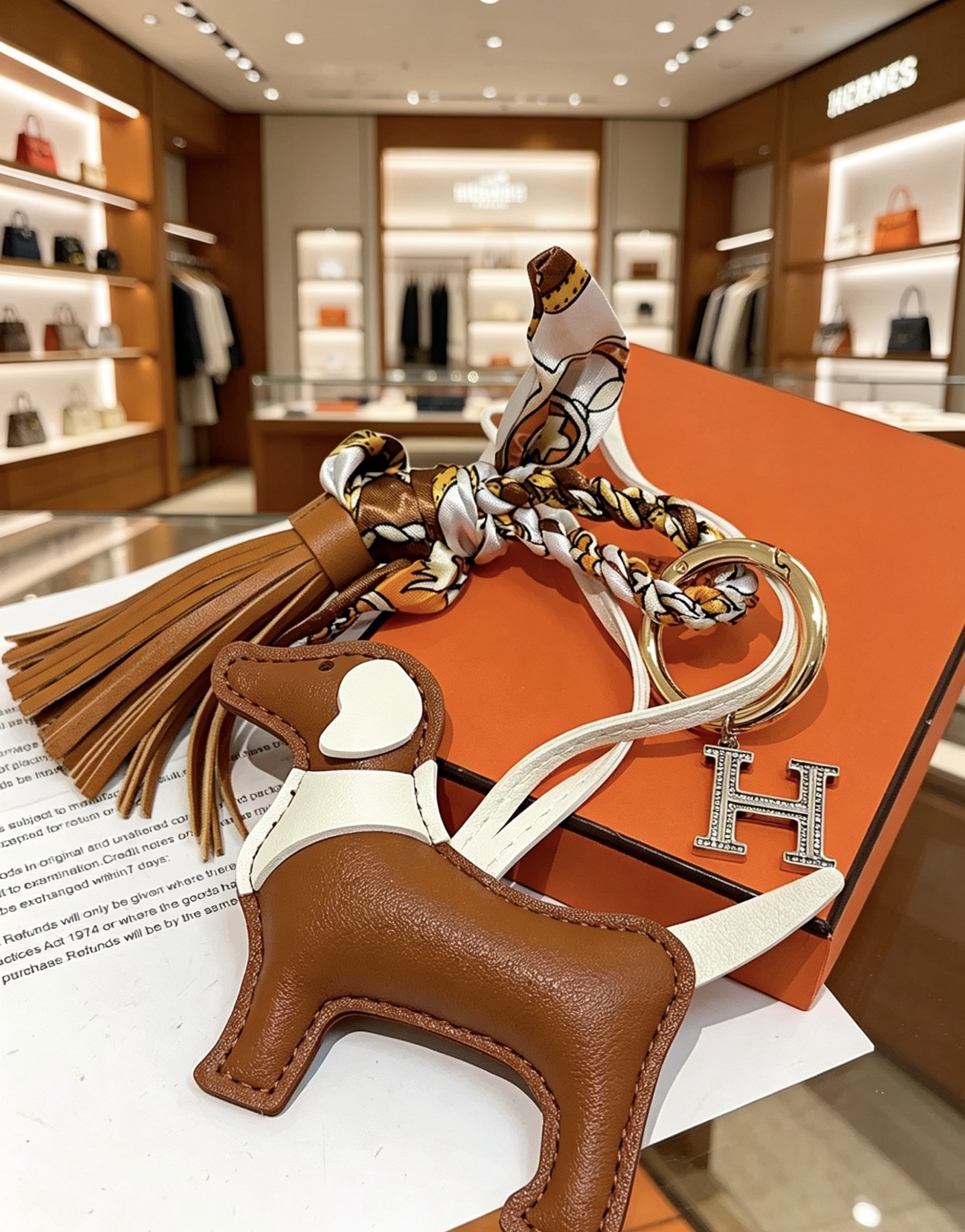 Ciondolo portachiavi Hermes con bassotto per borsa, metallo color oro, pelle marrone e bianca, seta multicolore, cristallo color argento, ciondolo H, lunghezza totale del ciondolo: 12 cm
