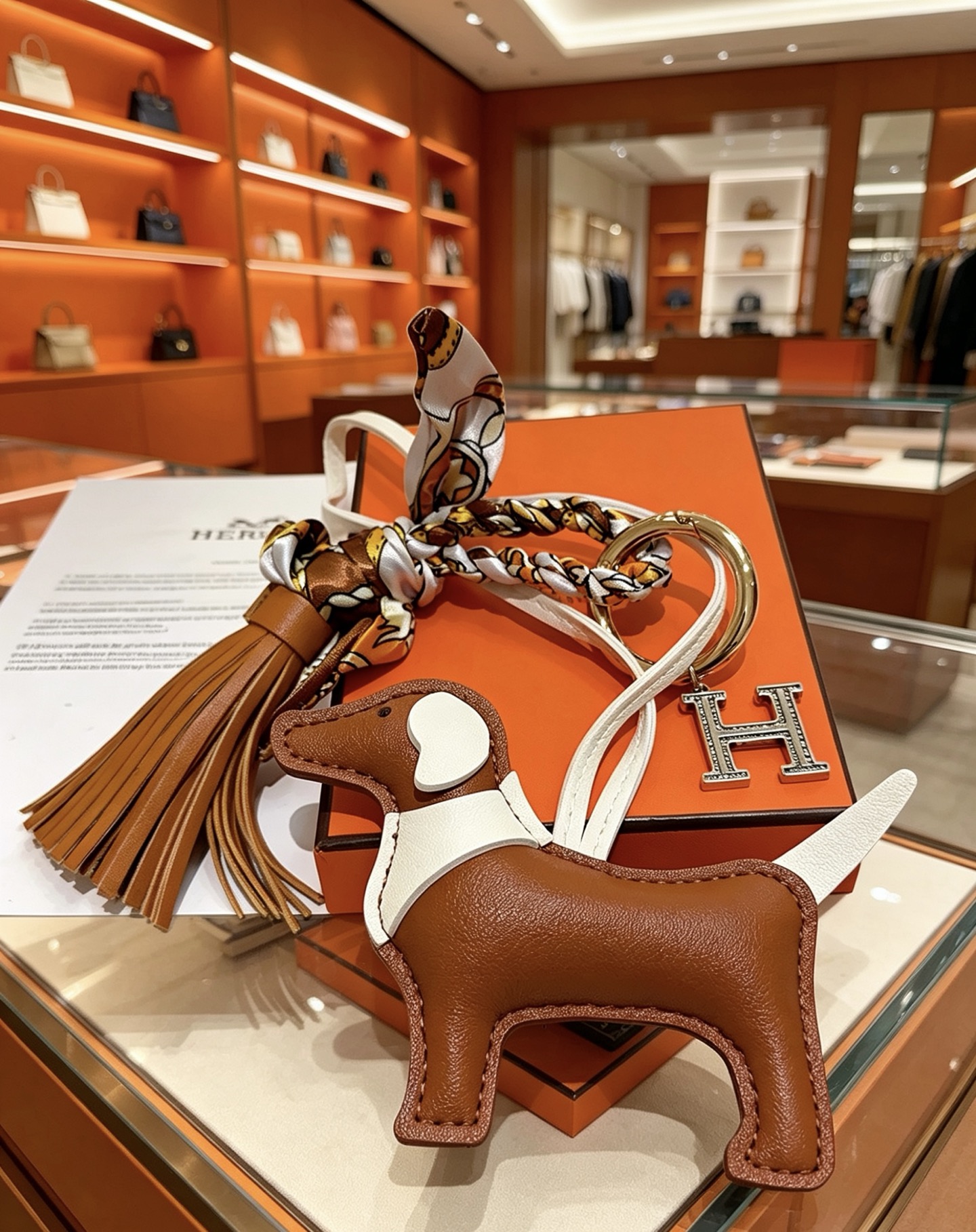 Ciondolo portachiavi Hermes con bassotto per borsa, metallo color oro, pelle marrone e bianca, seta multicolore, cristallo color argento, ciondolo H, lunghezza totale del ciondolo: 12 cm