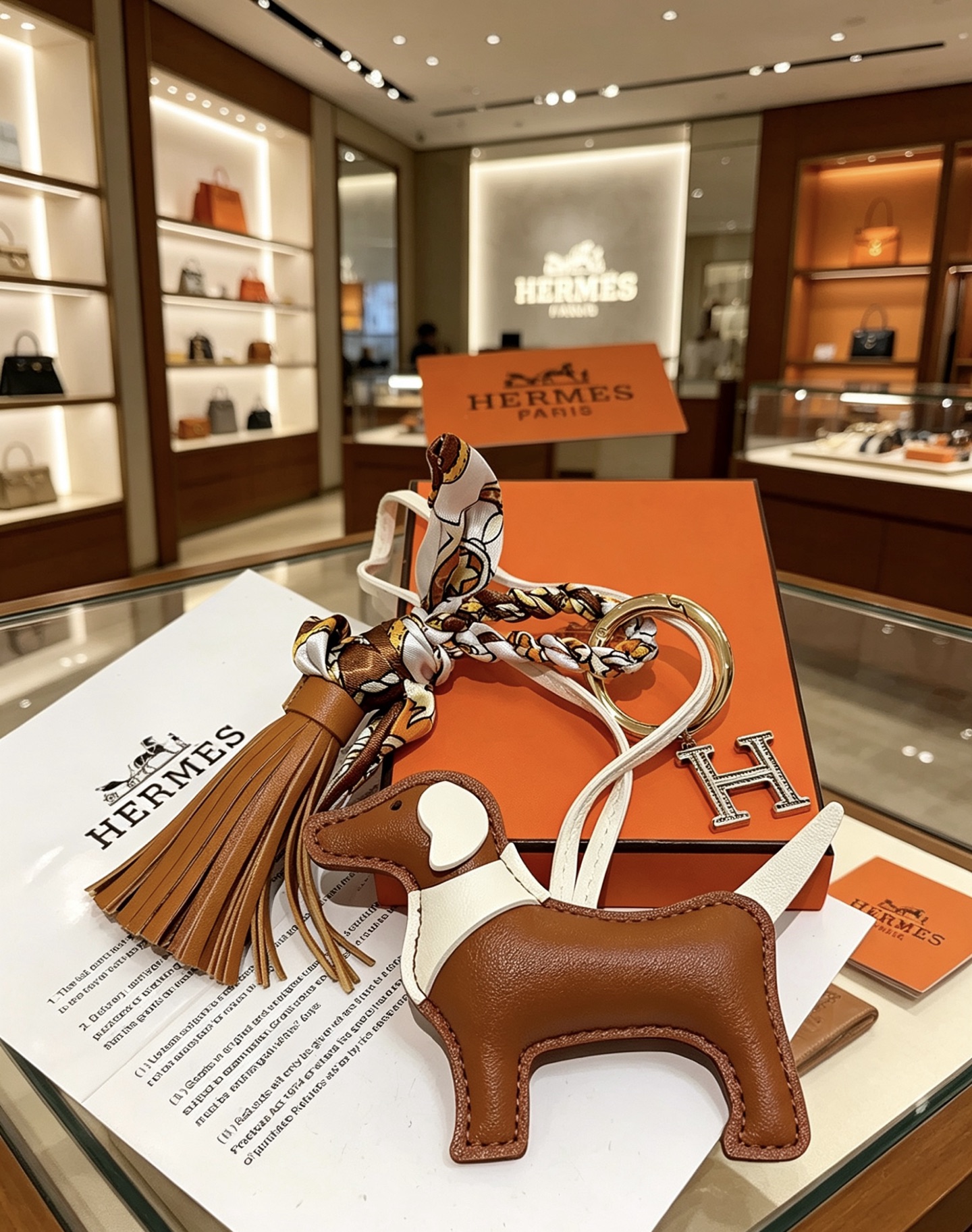 Ciondolo portachiavi Hermes con bassotto per borsa, metallo color oro, pelle marrone e bianca, seta multicolore, cristallo color argento, ciondolo H, lunghezza totale del ciondolo: 12 cm