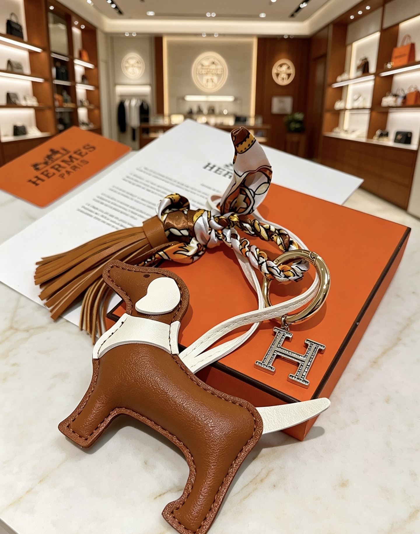 Ciondolo portachiavi Hermes con bassotto per borsa, metallo color oro, pelle marrone e bianca, seta multicolore, cristallo color argento, ciondolo H, lunghezza totale del ciondolo: 12 cm