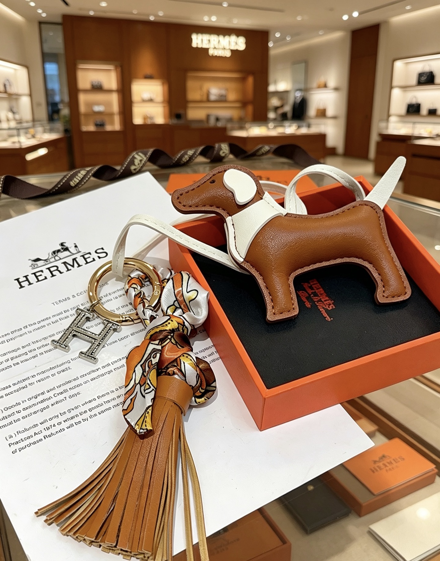 Ciondolo portachiavi Hermes con bassotto per borsa, metallo color oro, pelle marrone e bianca, seta multicolore, cristallo color argento, ciondolo H, lunghezza totale del ciondolo: 12 cm