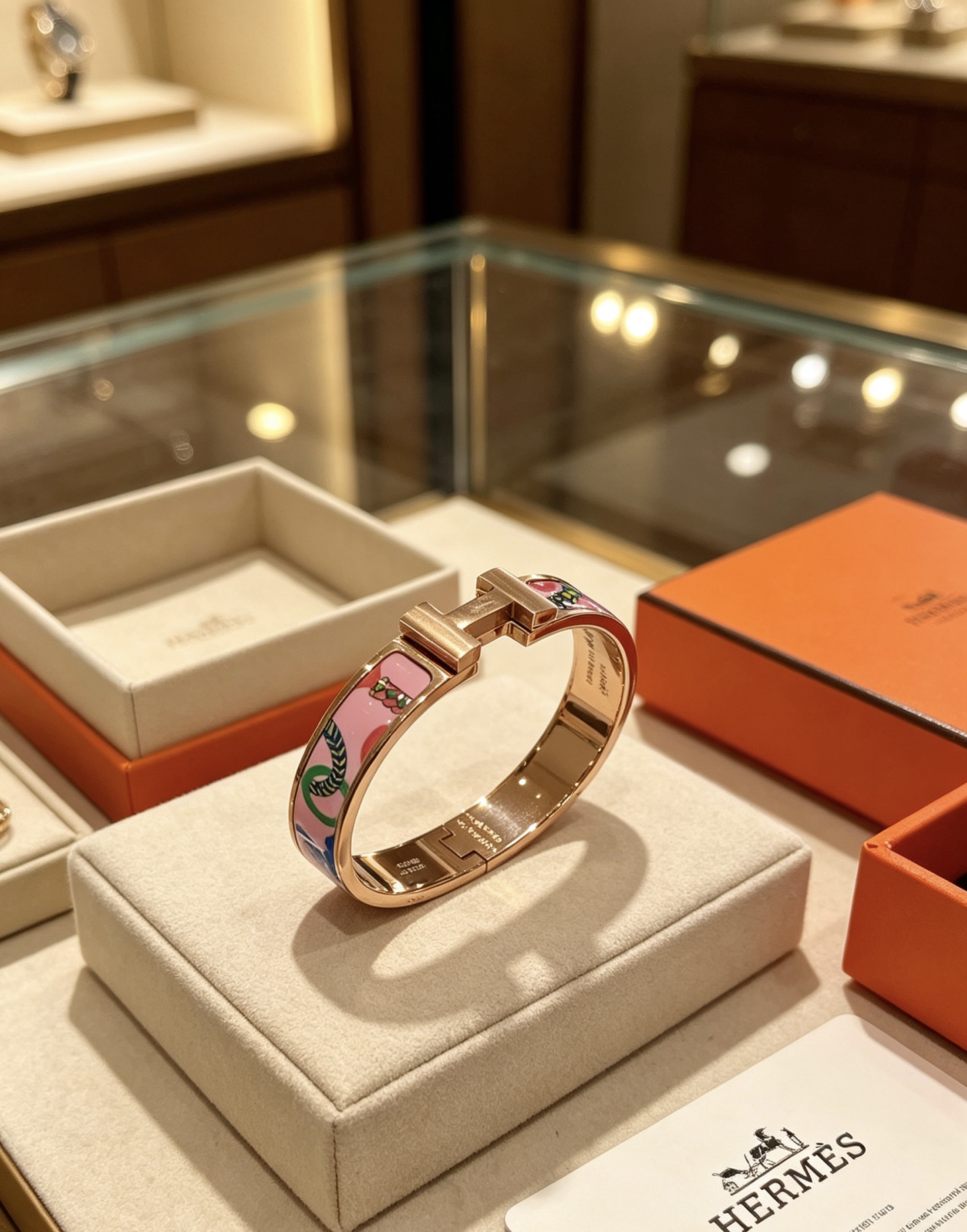 Bracciale Hermes Clic H in metallo color oro rosa con smalto rosa e motivo stampato multicolor 17