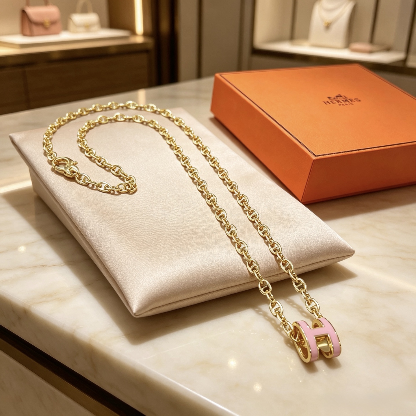 Collana Hermes Pop H in metallo dorato con smalto rosa chiaro 40 cm