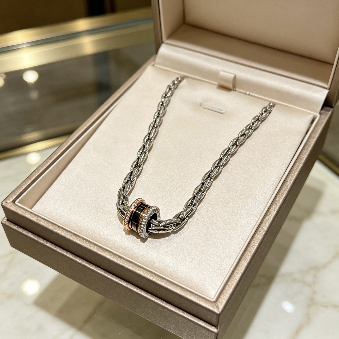 Bvlgari B zero1 necklace Silver-toned metal rose gold accents black ceramic clear diamond accents 60cm