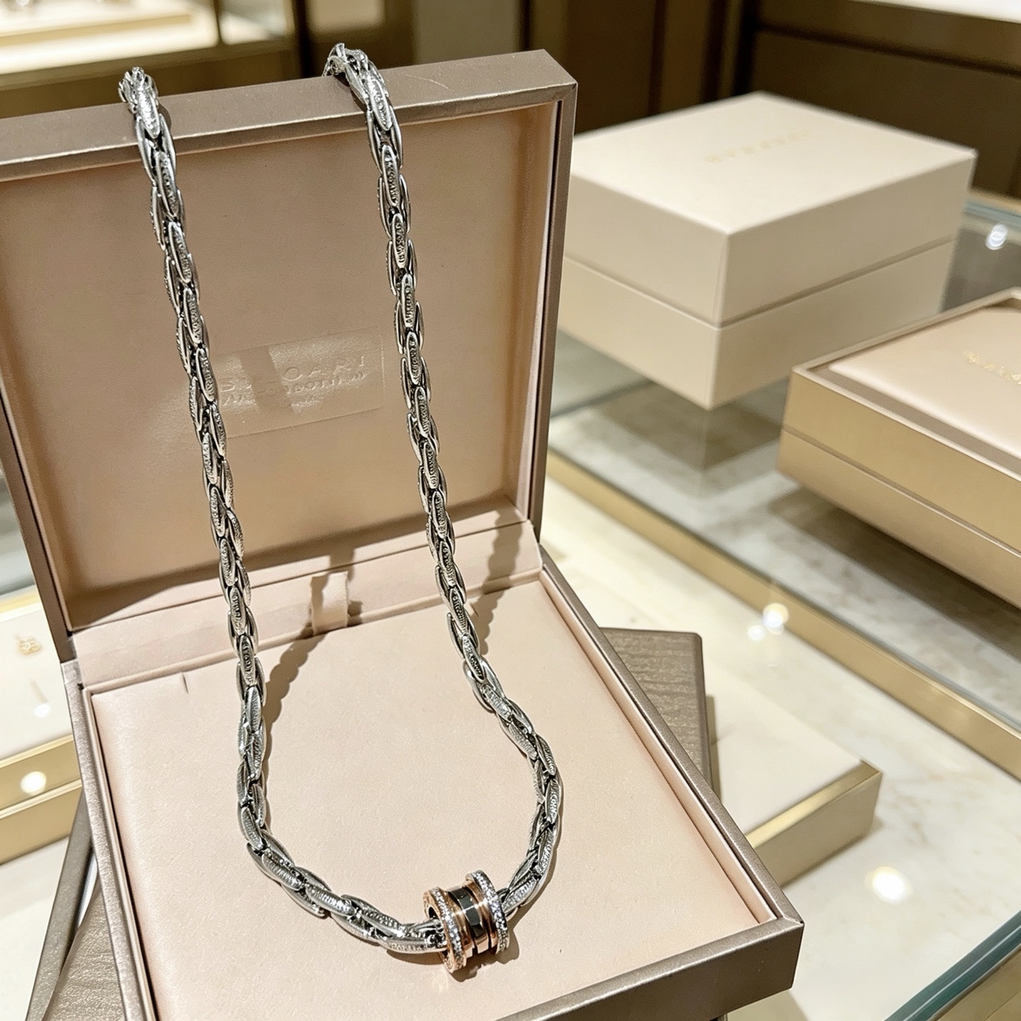 Bvlgari B zero1 necklace Silver-toned metal rose gold accents black ceramic clear diamond accents 60cm