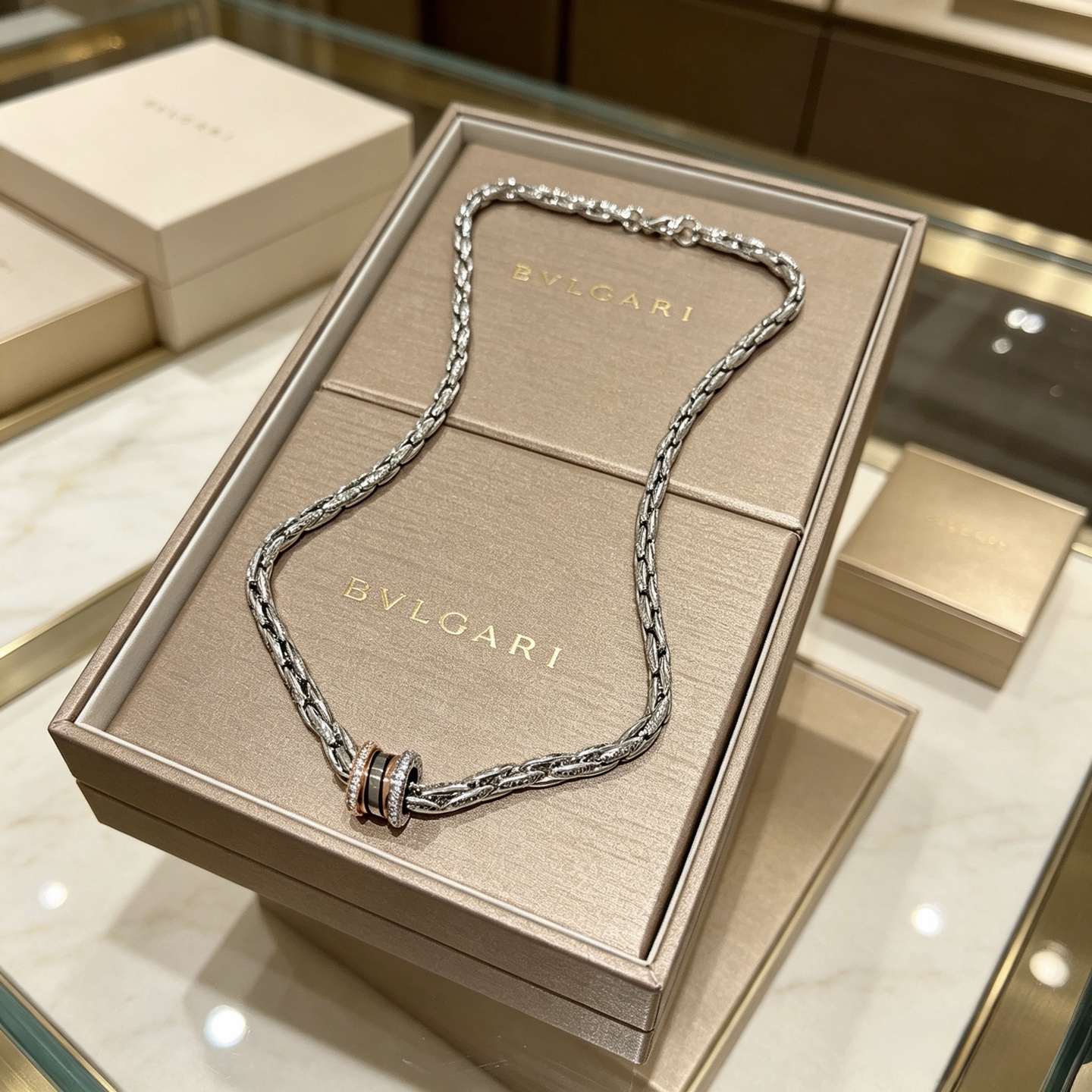 Bvlgari B zero1 necklace Silver-toned metal rose gold accents black ceramic clear diamond accents 60cm