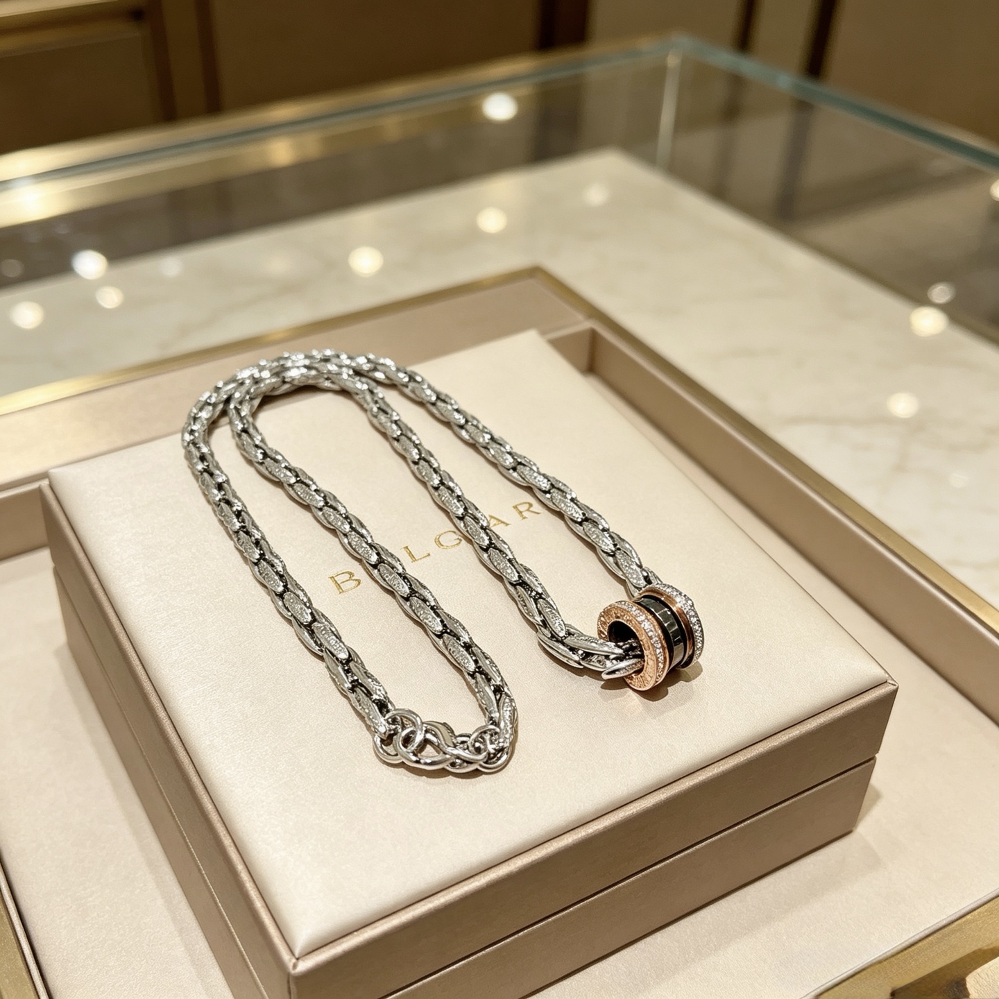 Bvlgari B zero1 necklace Silver-toned metal rose gold accents black ceramic clear diamond accents 60cm