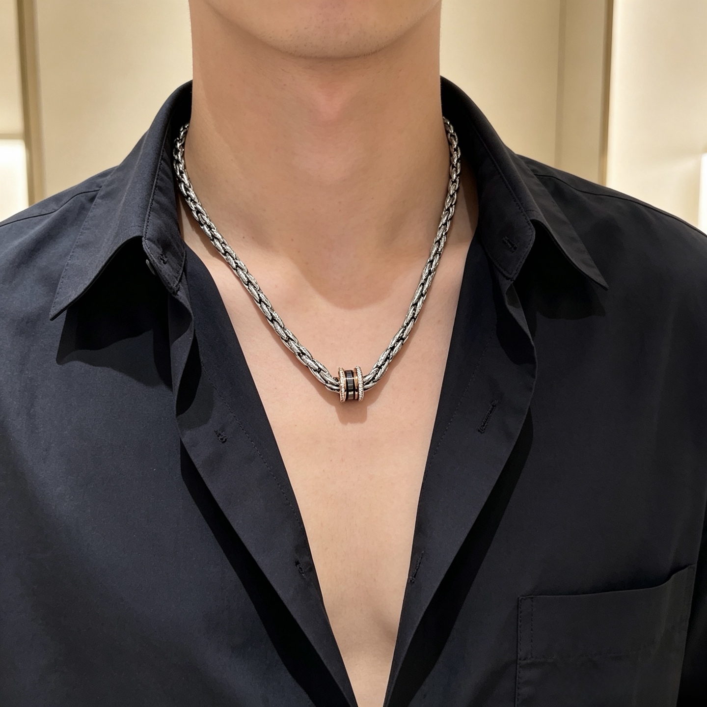 Bvlgari B zero1 necklace Silver-toned metal rose gold accents black ceramic clear diamond accents 60cm