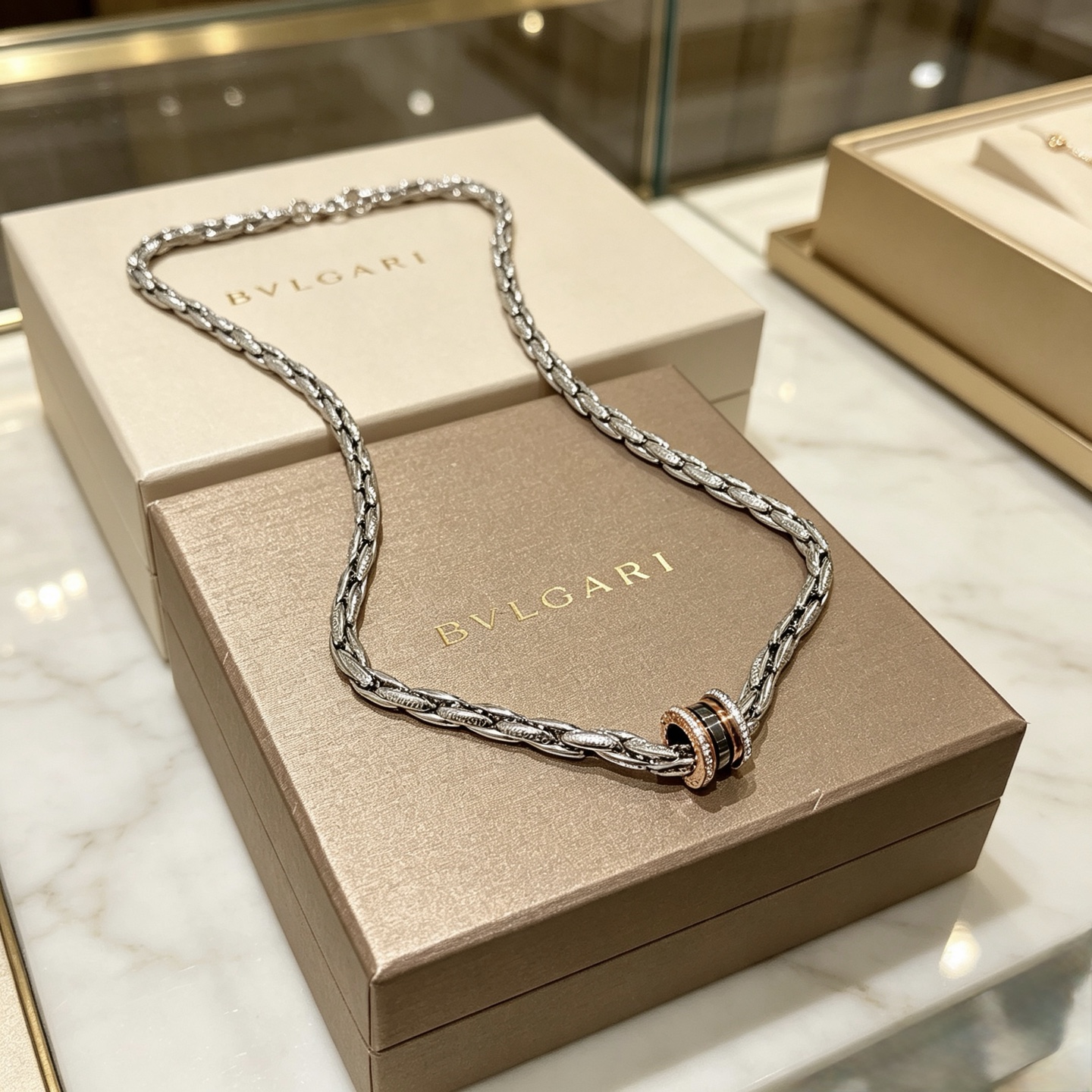 Bvlgari B zero1 necklace Silver-toned metal rose gold accents black ceramic clear diamond accents 60cm