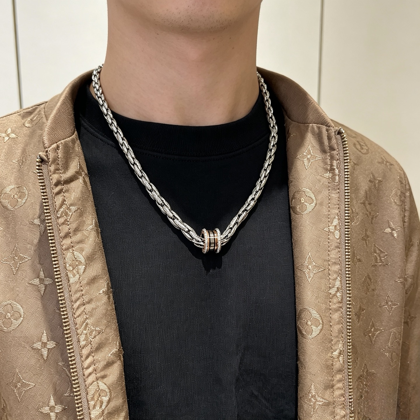 Bvlgari B zero1 necklace Silver-toned metal rose gold accents black ceramic clear diamond accents 60cm