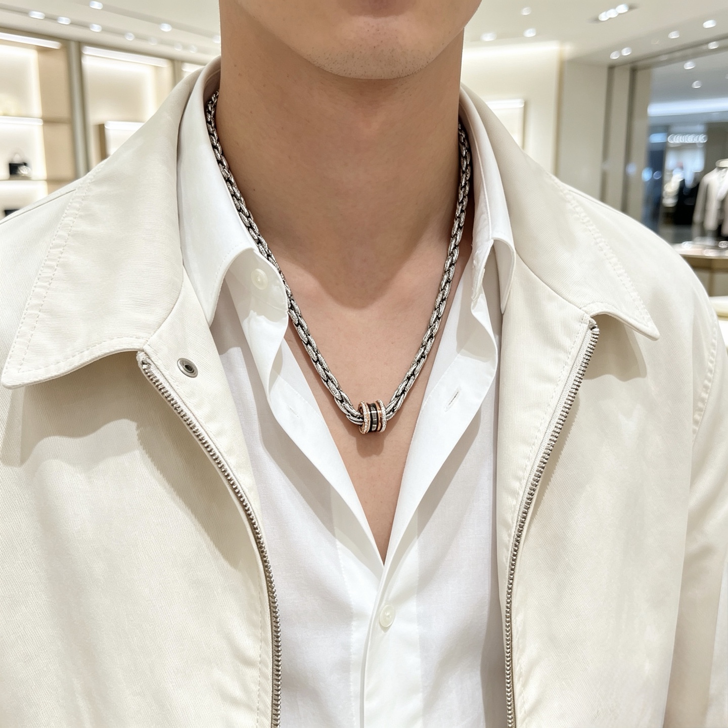 Bvlgari B zero1 necklace Silver-toned metal rose gold accents black ceramic clear diamond accents 60cm