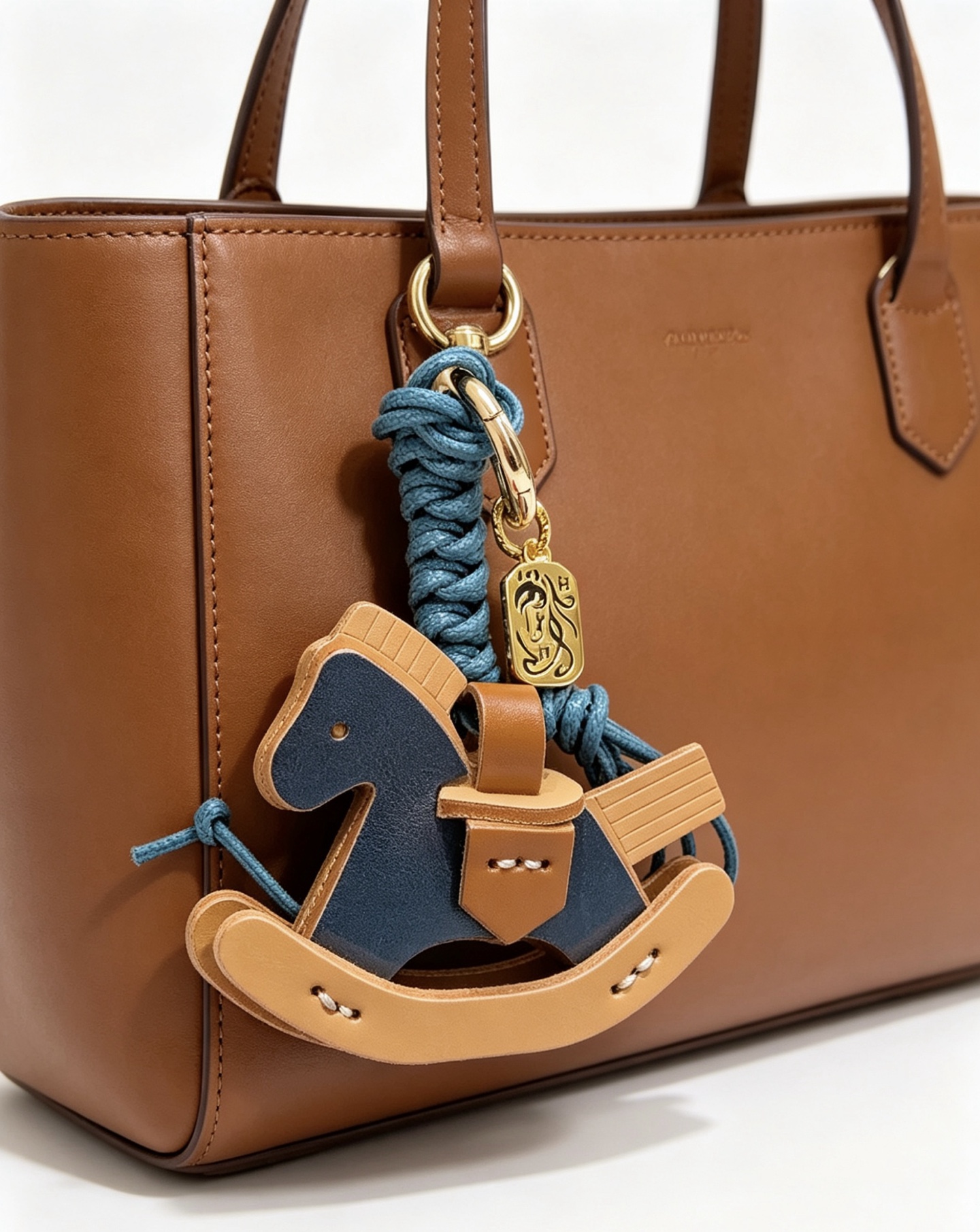 Ciondolo con ciondolo per borsa Hermes con cavallo a dondolo Cavo intrecciato in metallo color oro blu intenso marrone chiaro blu scuro e pelle beige chiaro lunghezza totale 12 cm