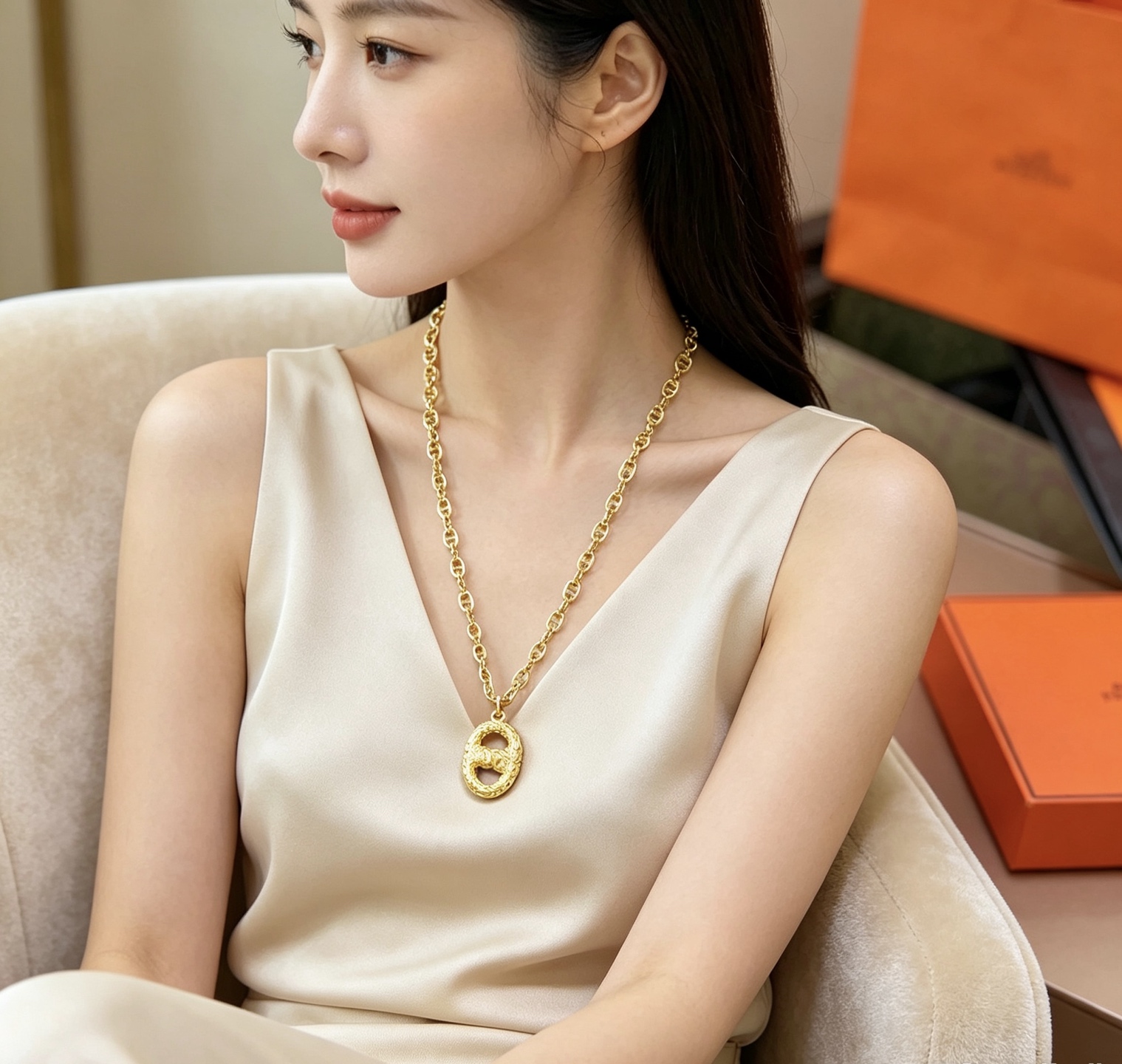 Collana Hermes Pretzel Ciondolo Chaine d'Ancre in metallo color oro 60 cm