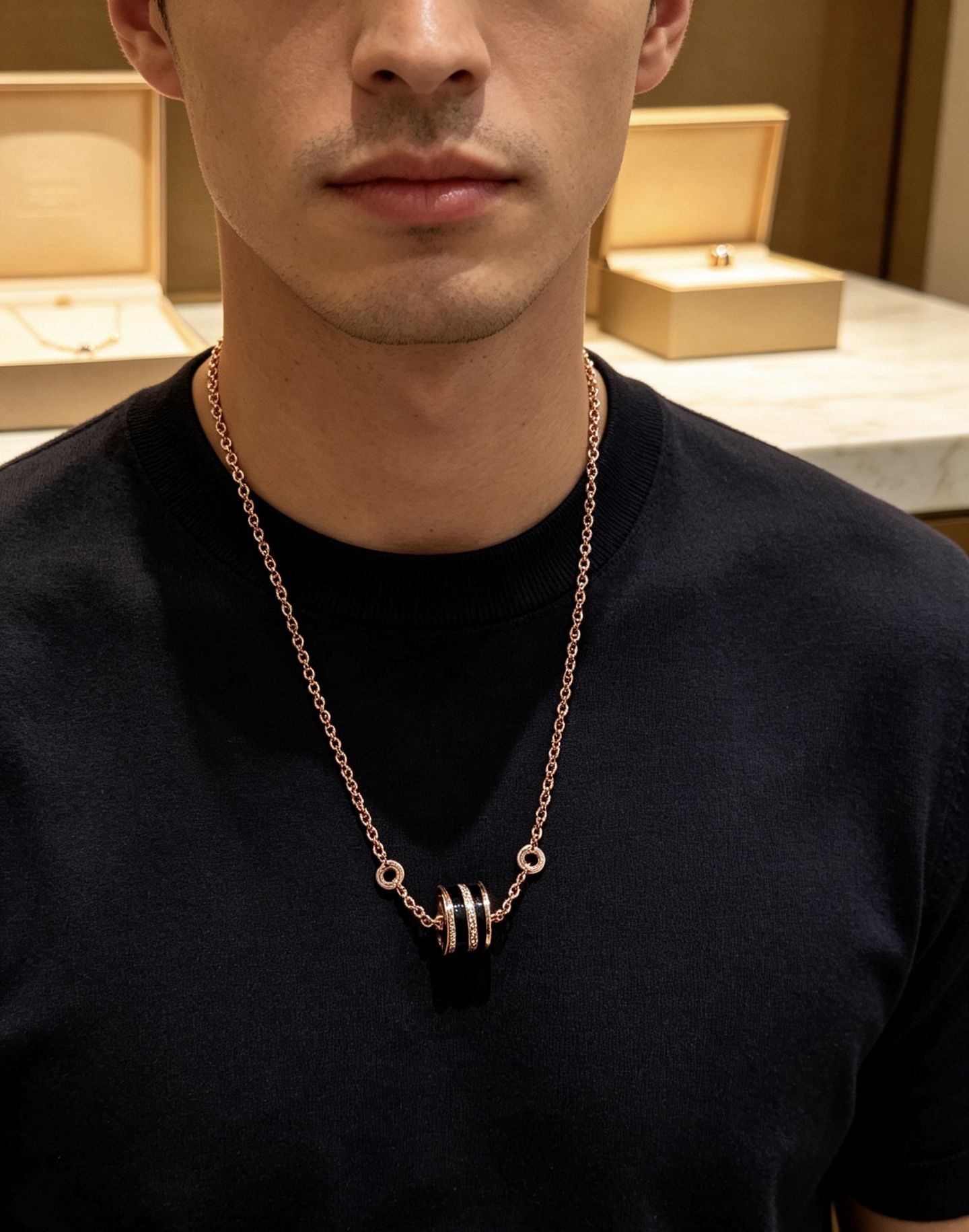 Bvlgari B zero1 necklace 18K rose gold black ceramic diamond 42cm
