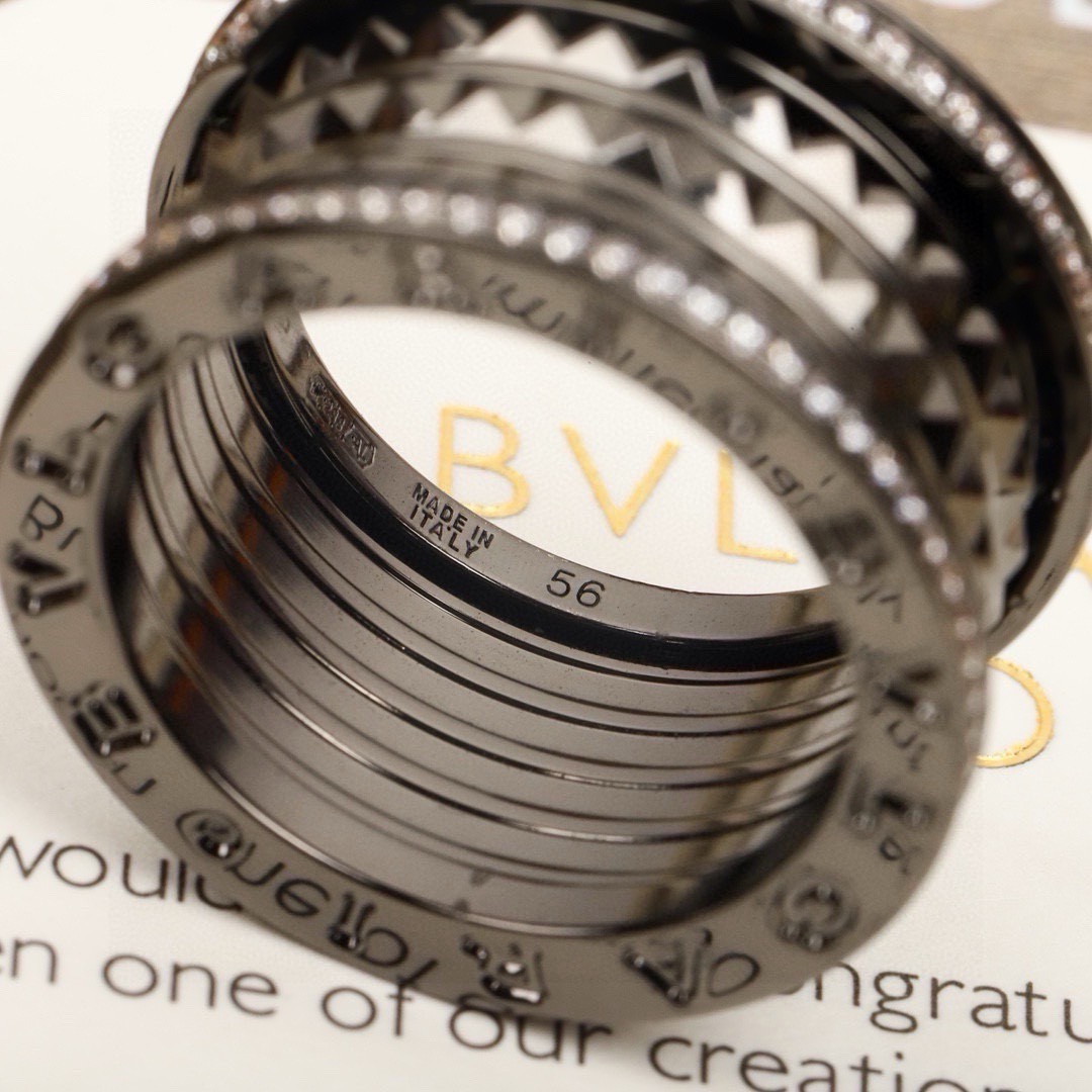 Bvlgari B zero1 Rock ring blackened gunmetal metal with clear pave diamonds EU 54