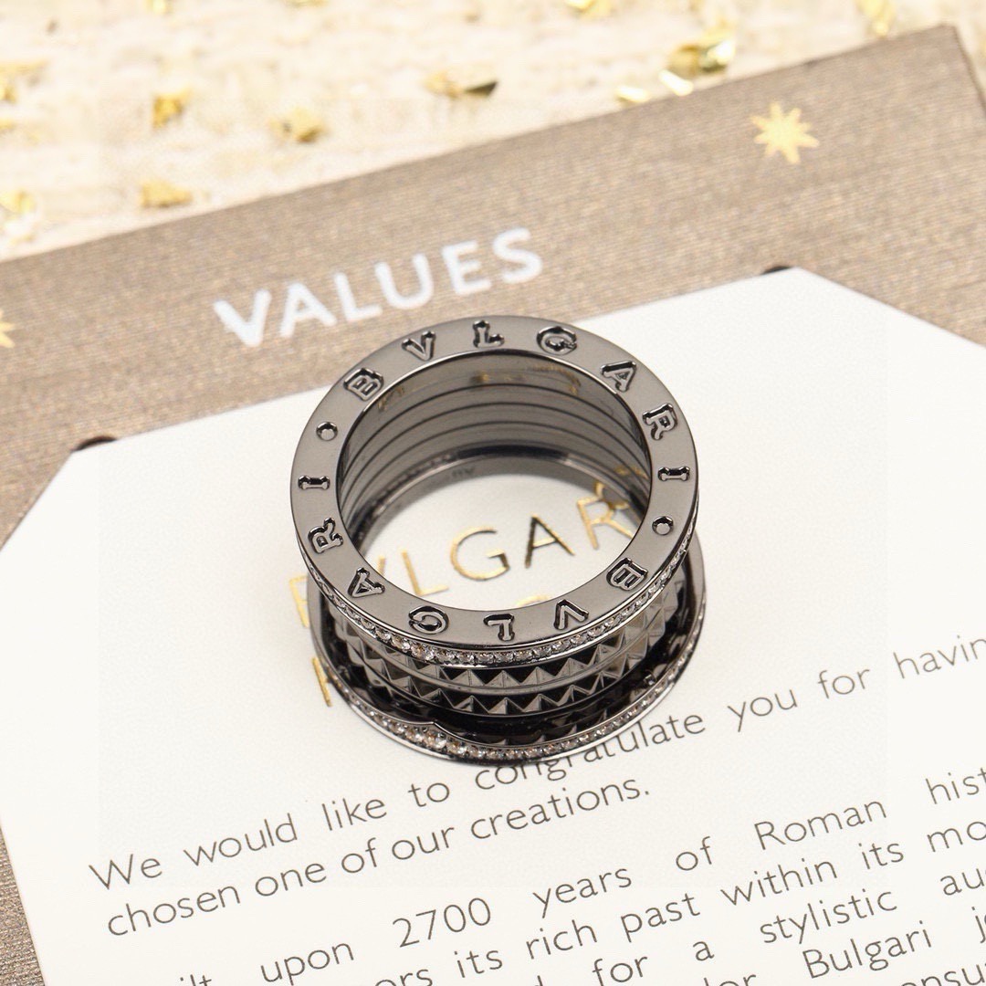 Bvlgari B zero1 Rock ring blackened gunmetal metal with clear pave diamonds EU 54