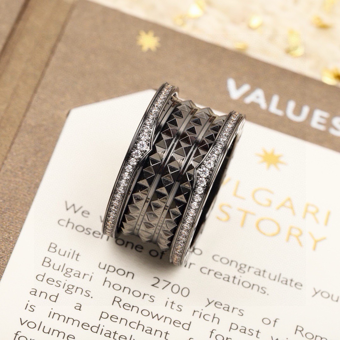 Bvlgari B zero1 Rock ring blackened gunmetal metal with clear pave diamonds EU 54