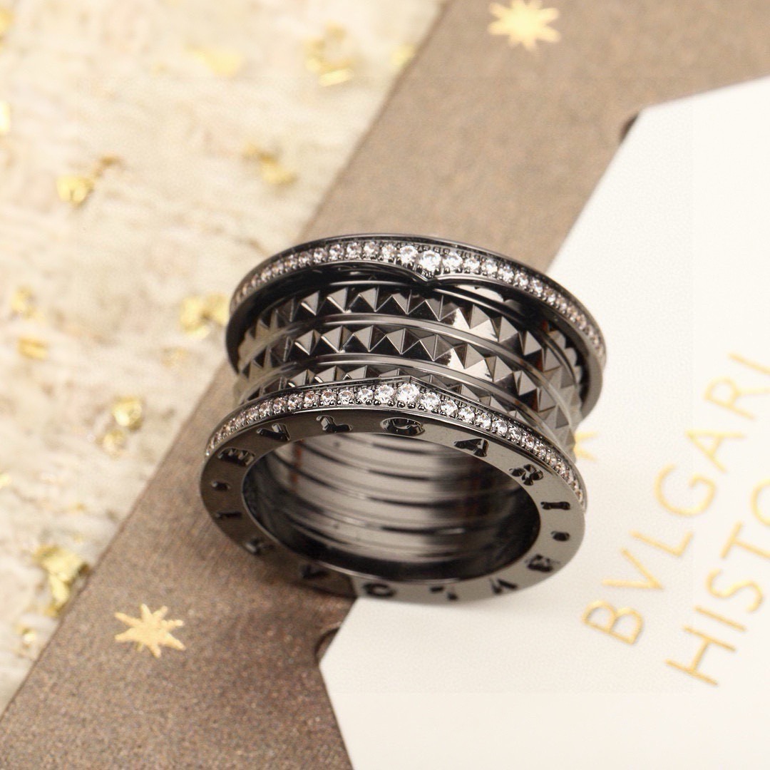 Bvlgari B zero1 Rock ring blackened gunmetal metal with clear pave diamonds EU 54
