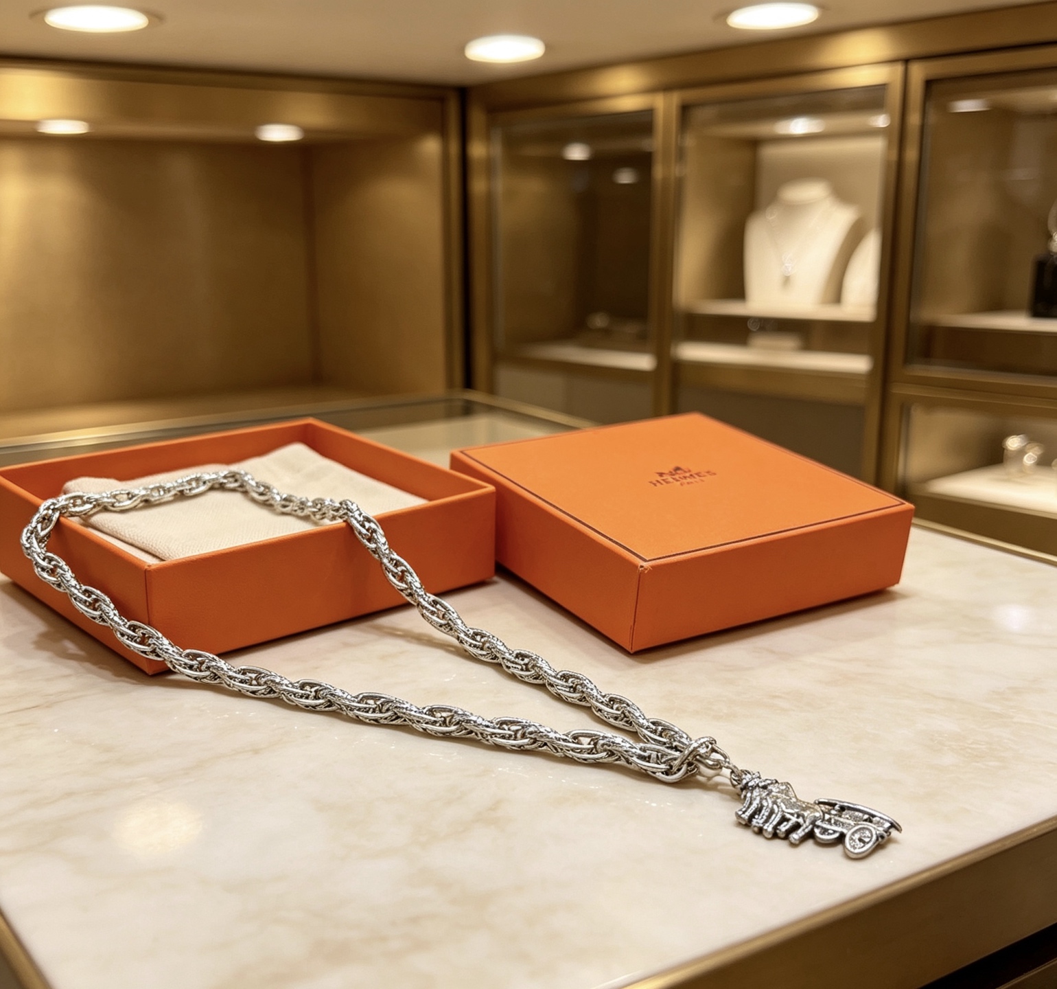 Colgante Hermes Carruaje de caballos Collar Chaine d Ancre Metal plateado sin piedras preciosas 60 cm