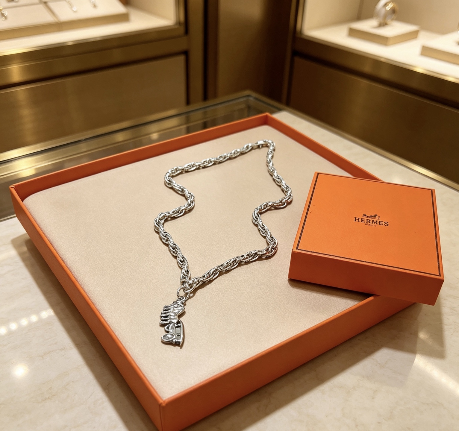 Colgante Hermes Carruaje de caballos Collar Chaine d Ancre Metal plateado sin piedras preciosas 60 cm