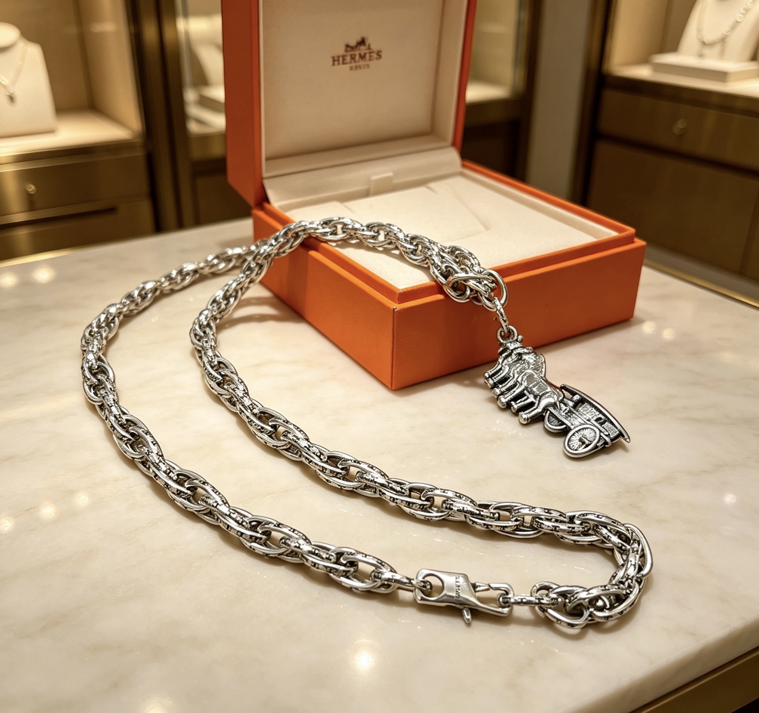 Colgante Hermes Carruaje de caballos Collar Chaine d Ancre Metal plateado sin piedras preciosas 60 cm