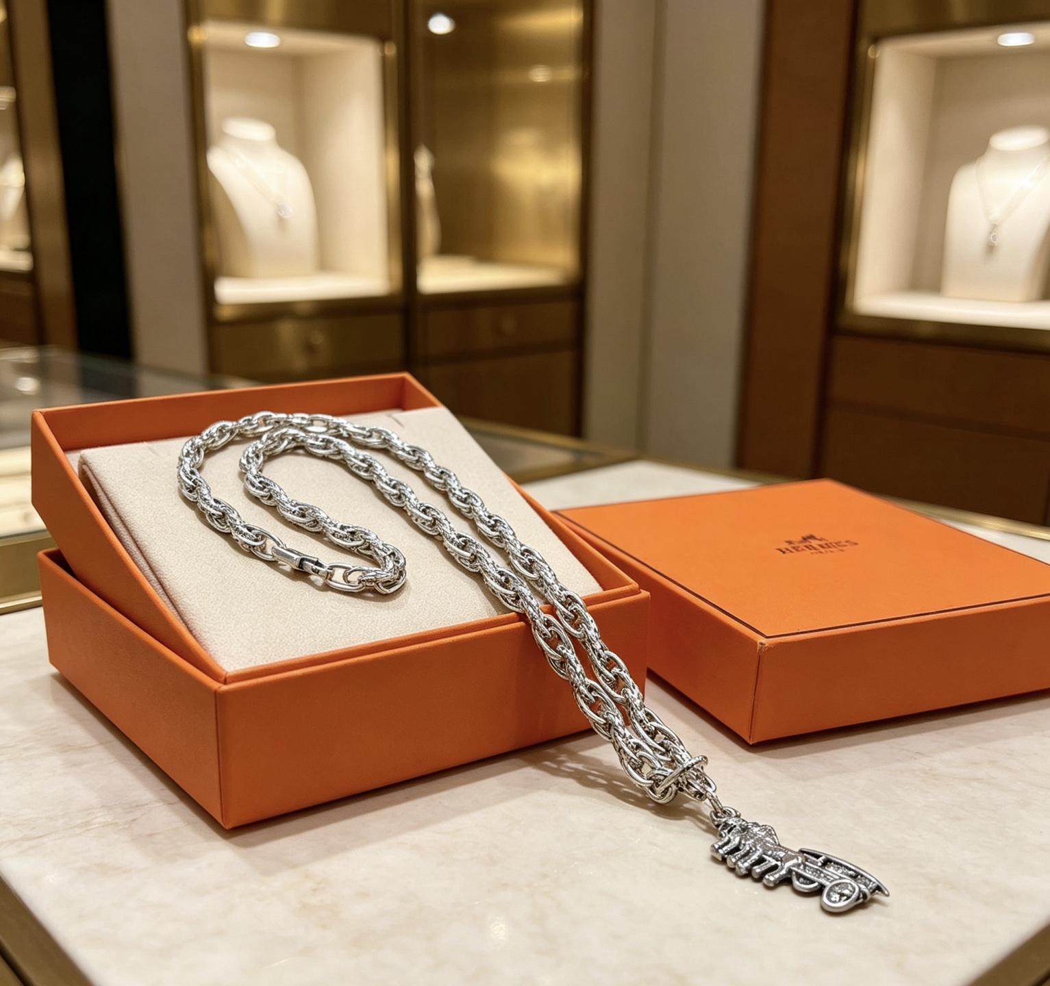 Colgante Hermes Carruaje de caballos Collar Chaine d Ancre Metal plateado sin piedras preciosas 60 cm