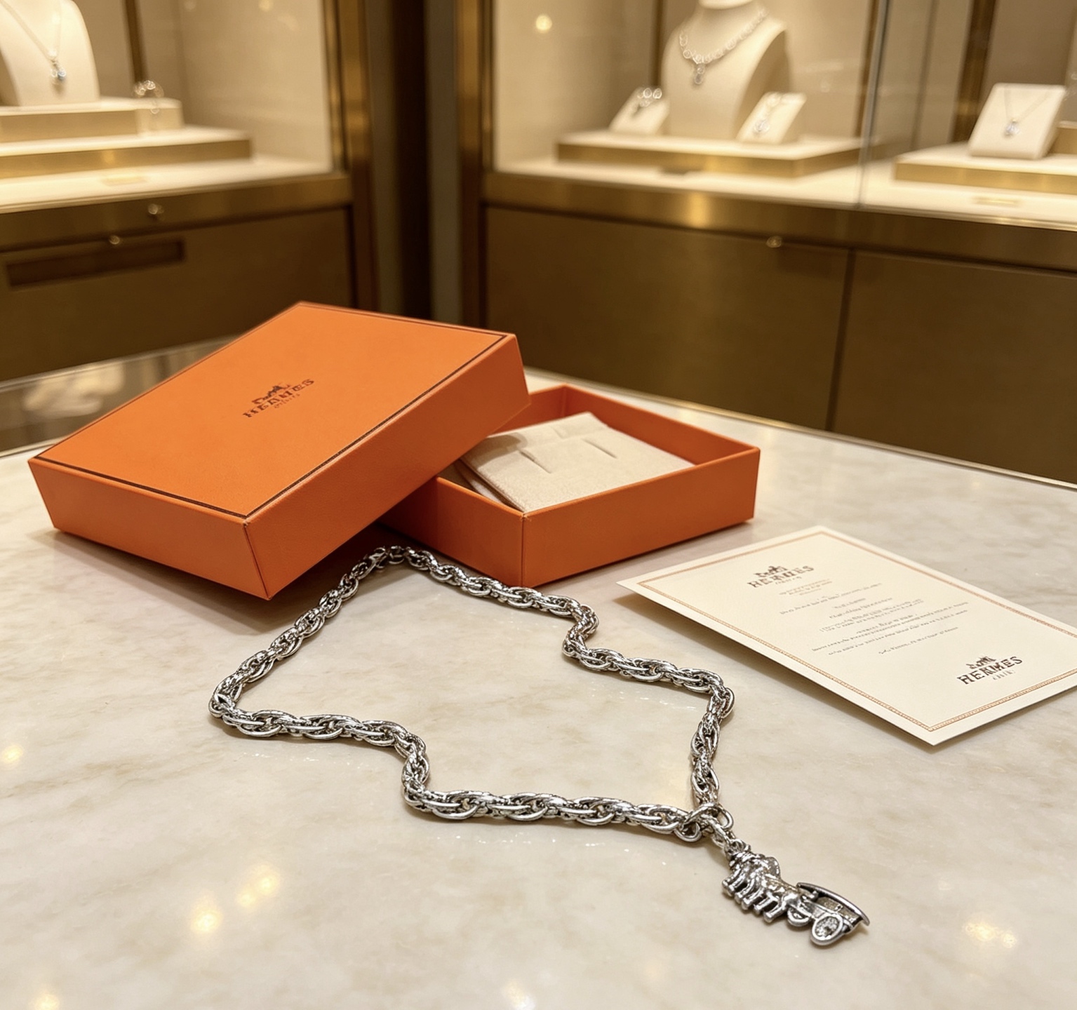 Colgante Hermes Carruaje de caballos Collar Chaine d Ancre Metal plateado sin piedras preciosas 60 cm