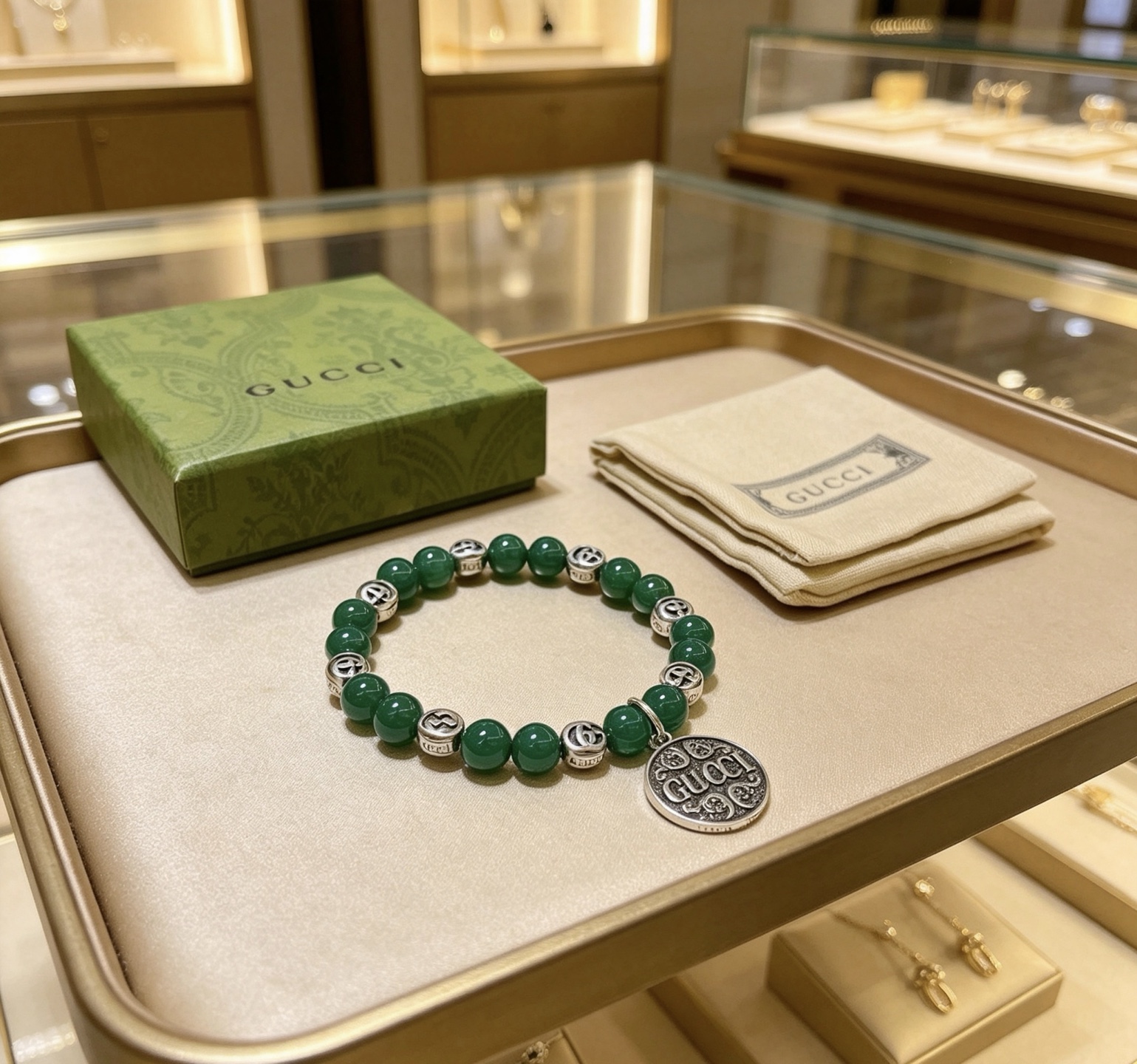 Gucci Anger Forest bracelet antique silver metal deep green stone beads 18cm