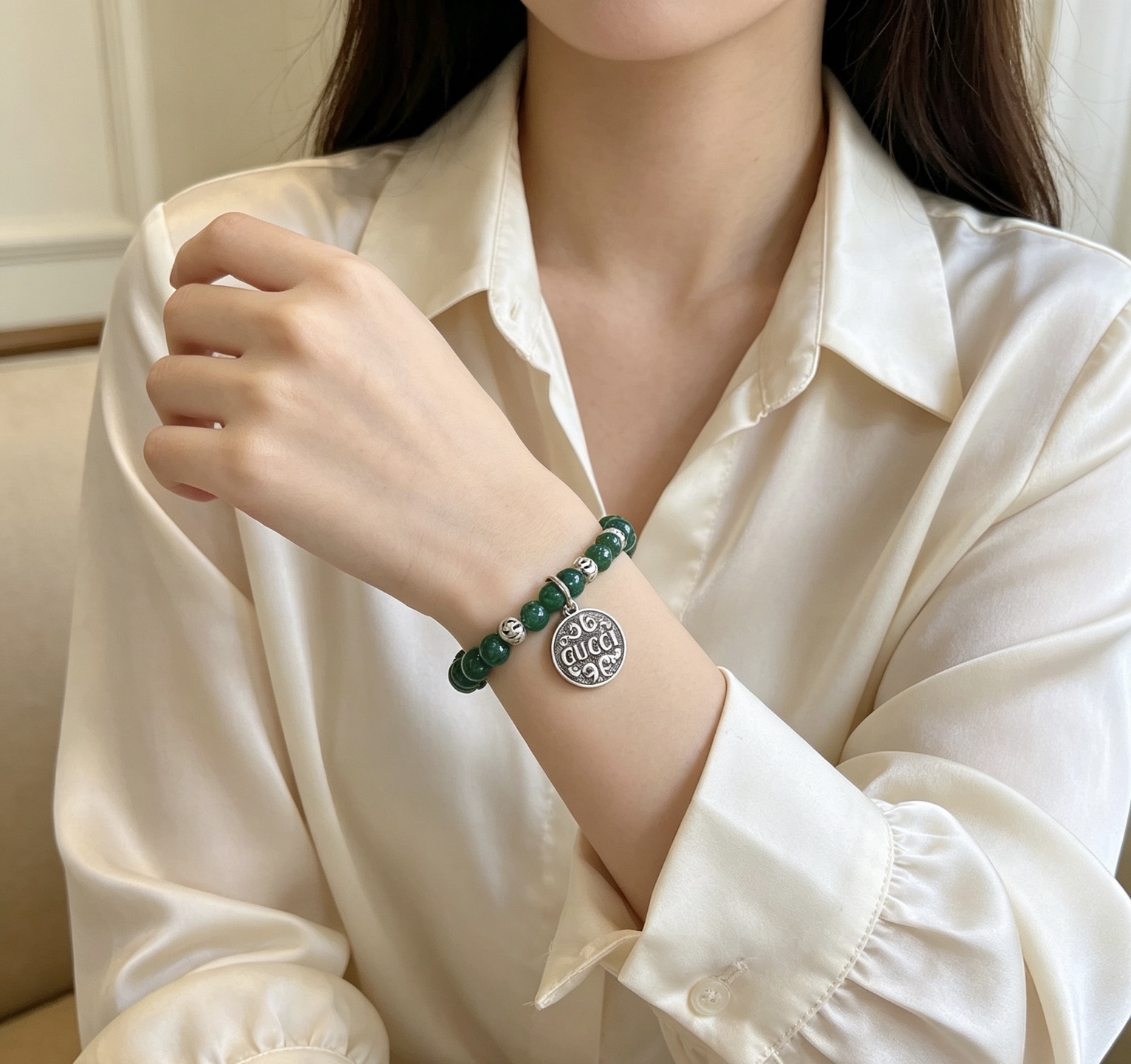 Gucci Anger Forest bracelet antique silver metal deep green stone beads 18cm