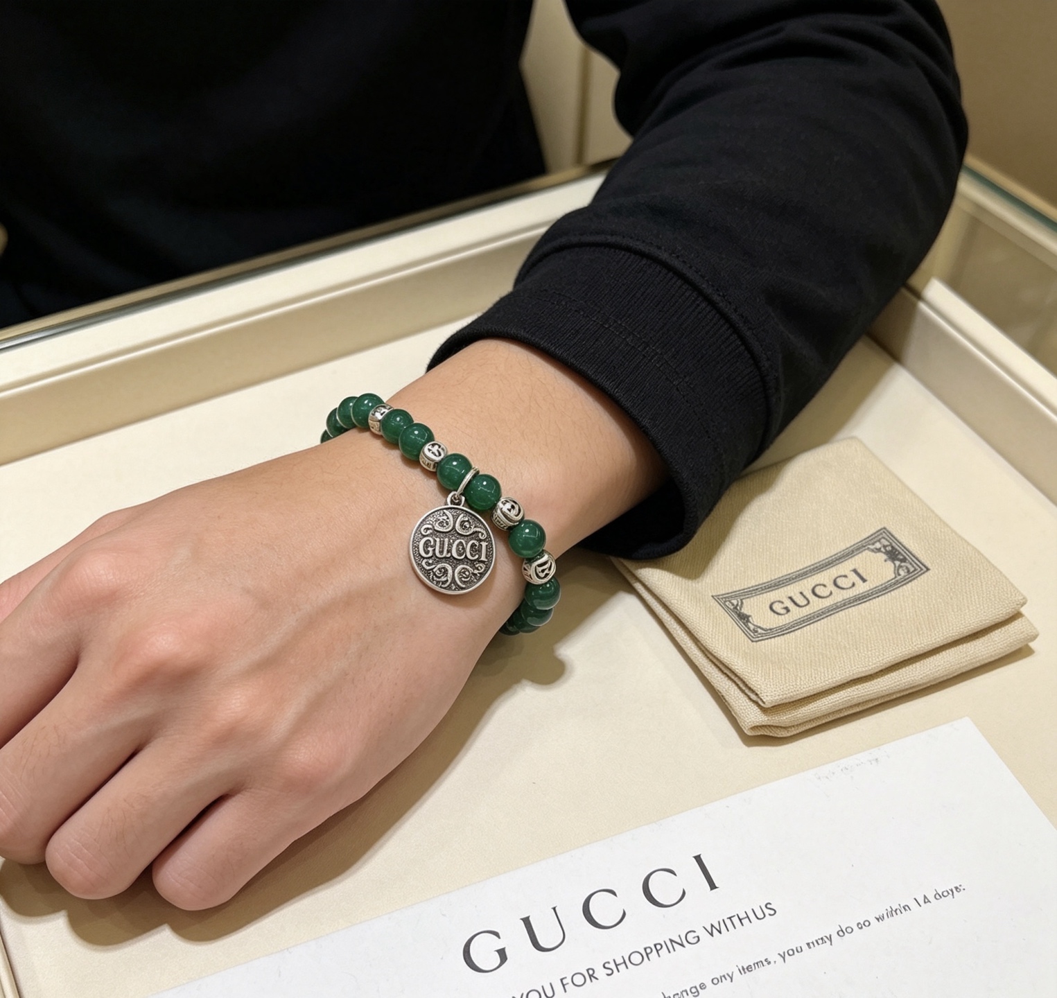 Gucci Anger Forest bracelet antique silver metal deep green stone beads 18cm